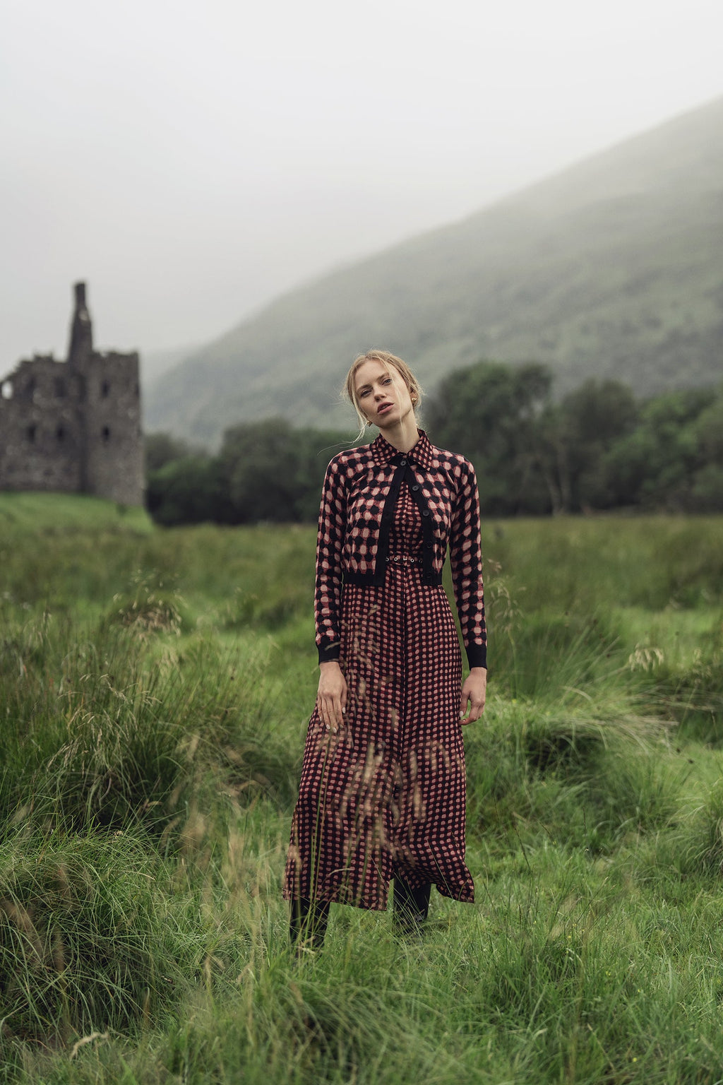 Basic Belted A-Line Dress-Burgundy/Pink