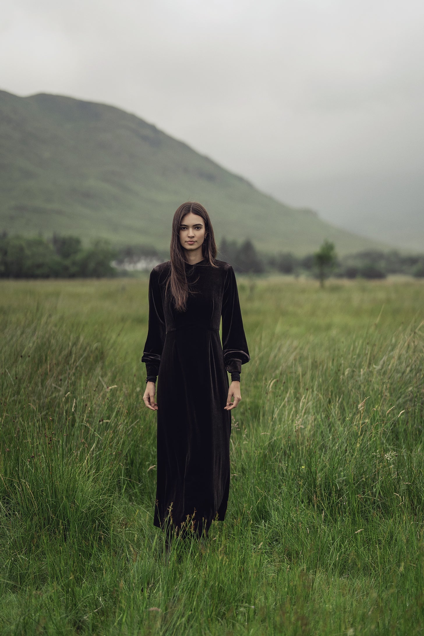 Velour Empire Waist Maxi Dress-Brown