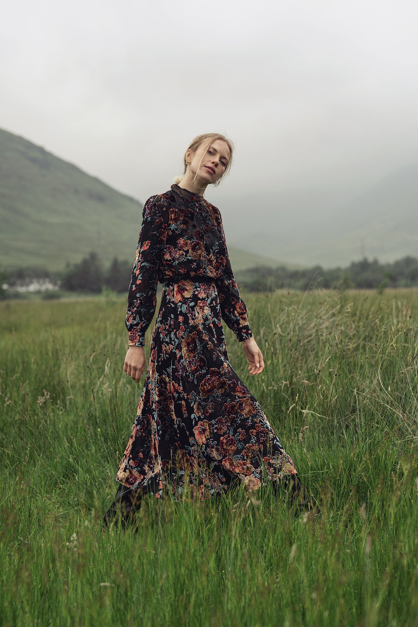 Waisted Yoke Dress-Colored Velvet Floral