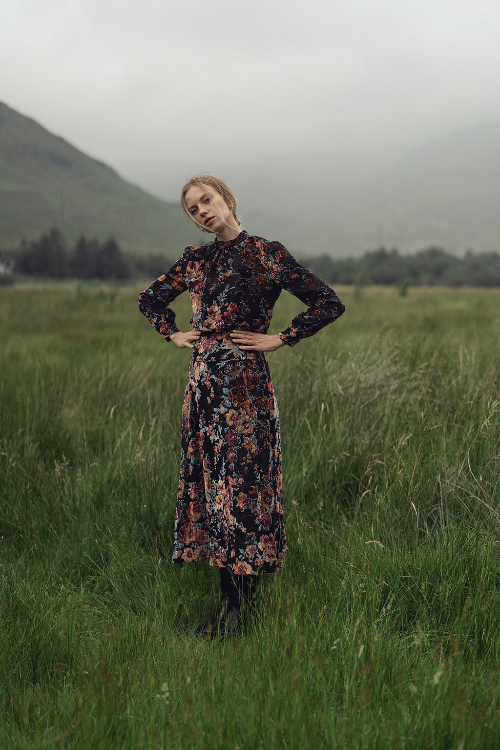 Waisted Yoke Dress-Colored Velvet Floral