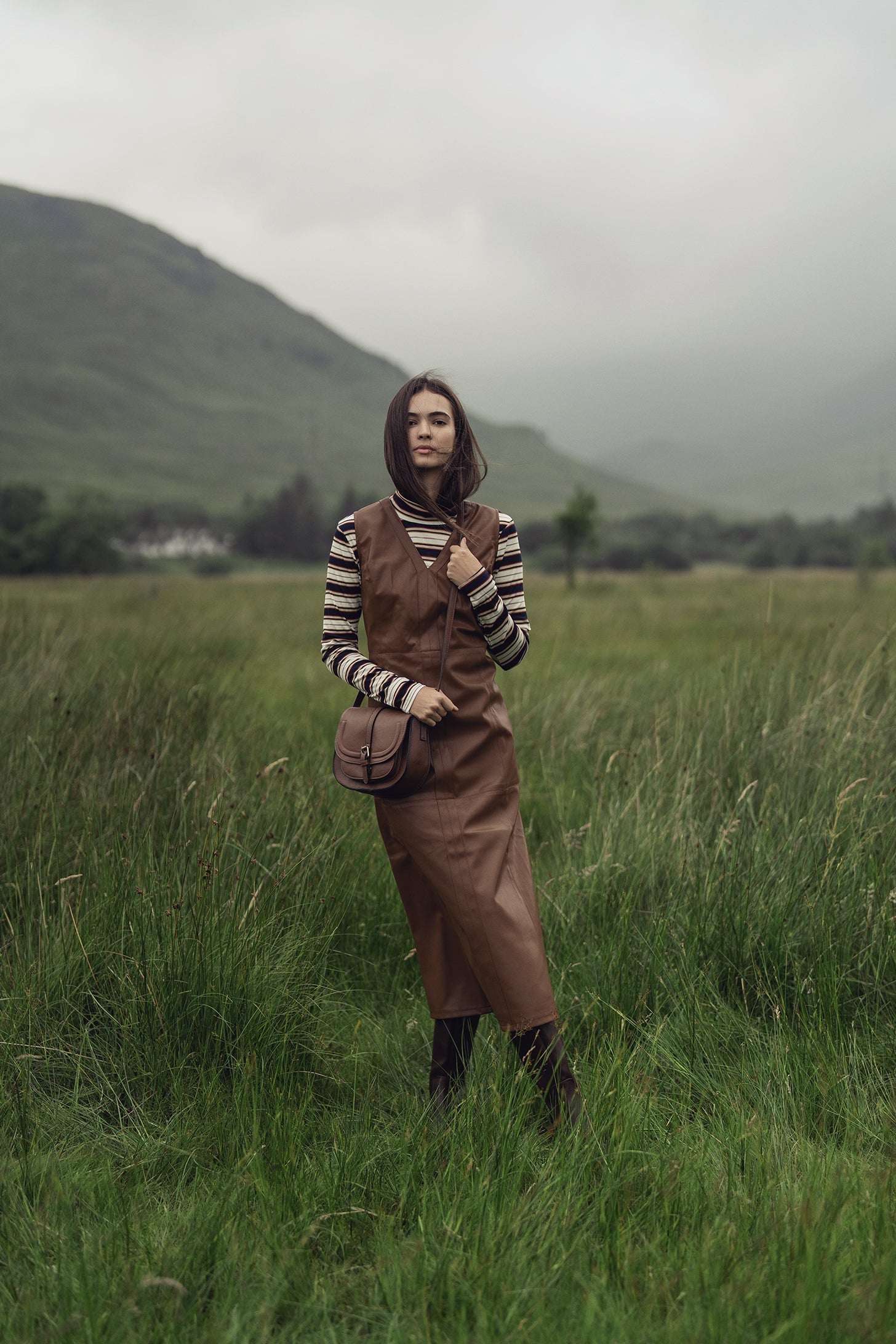 Faux Leather Seamed Jumper-Brown