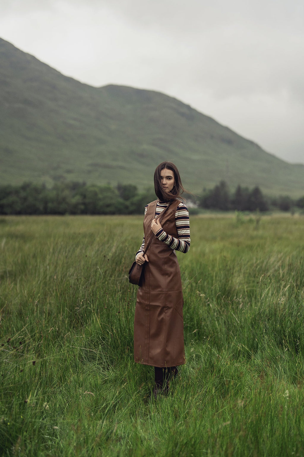 Faux Leather Seamed Jumper-Brown