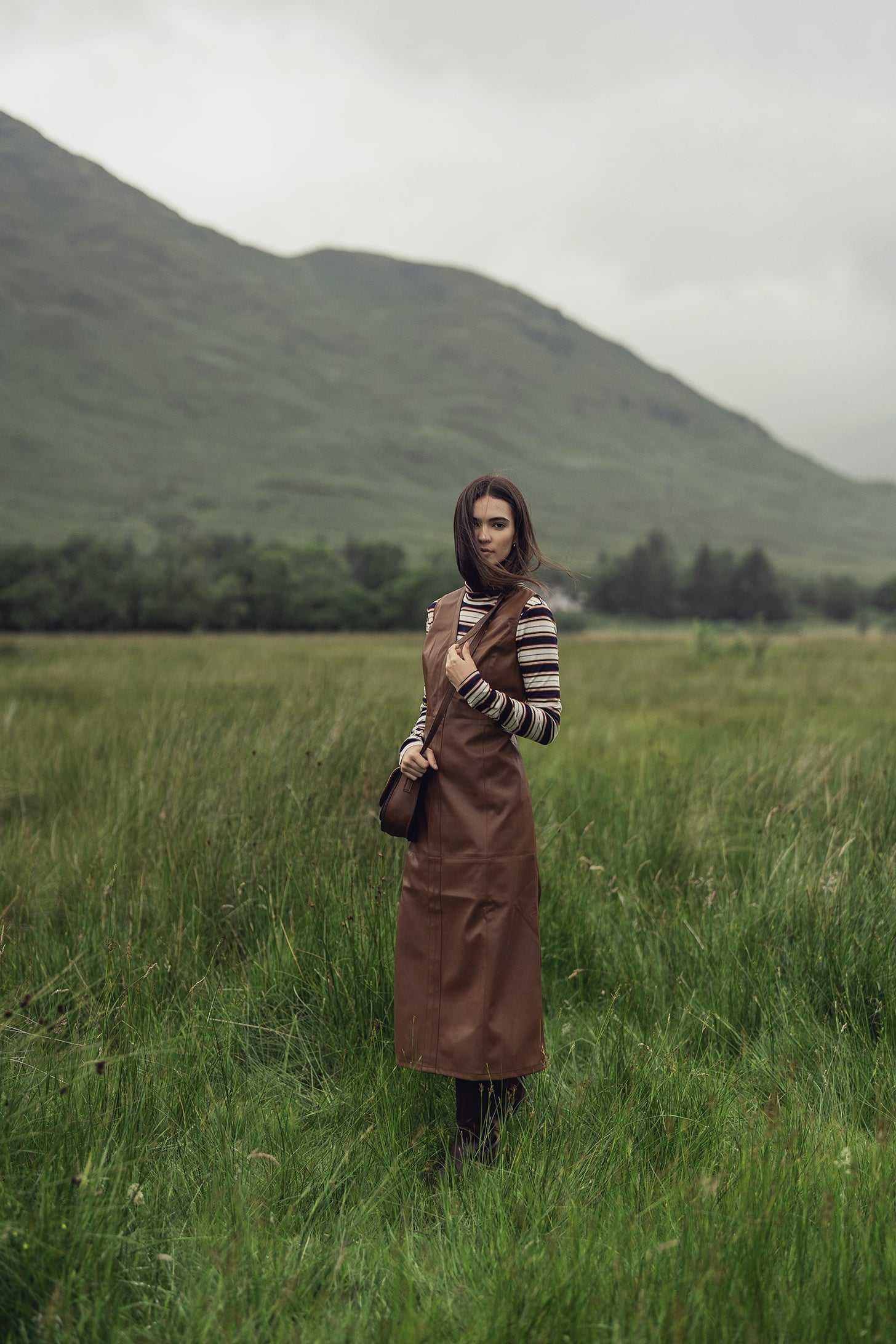 Faux Leather Seamed Jumper-Brown