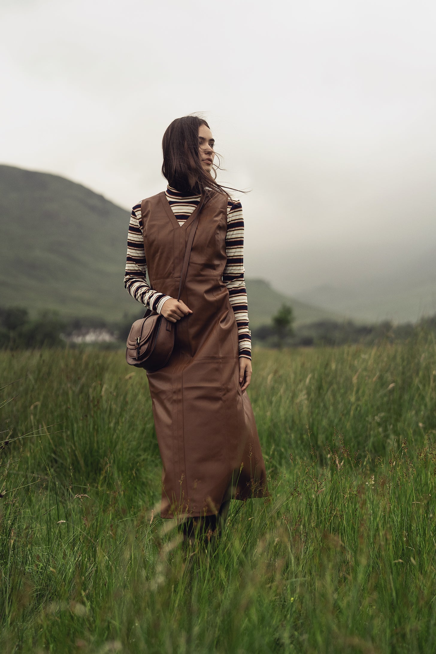 Faux Leather Seamed Jumper-Brown