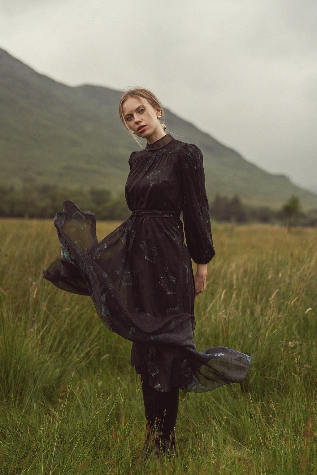 Asymmetrical Bottom Belted Dress-Green Floral