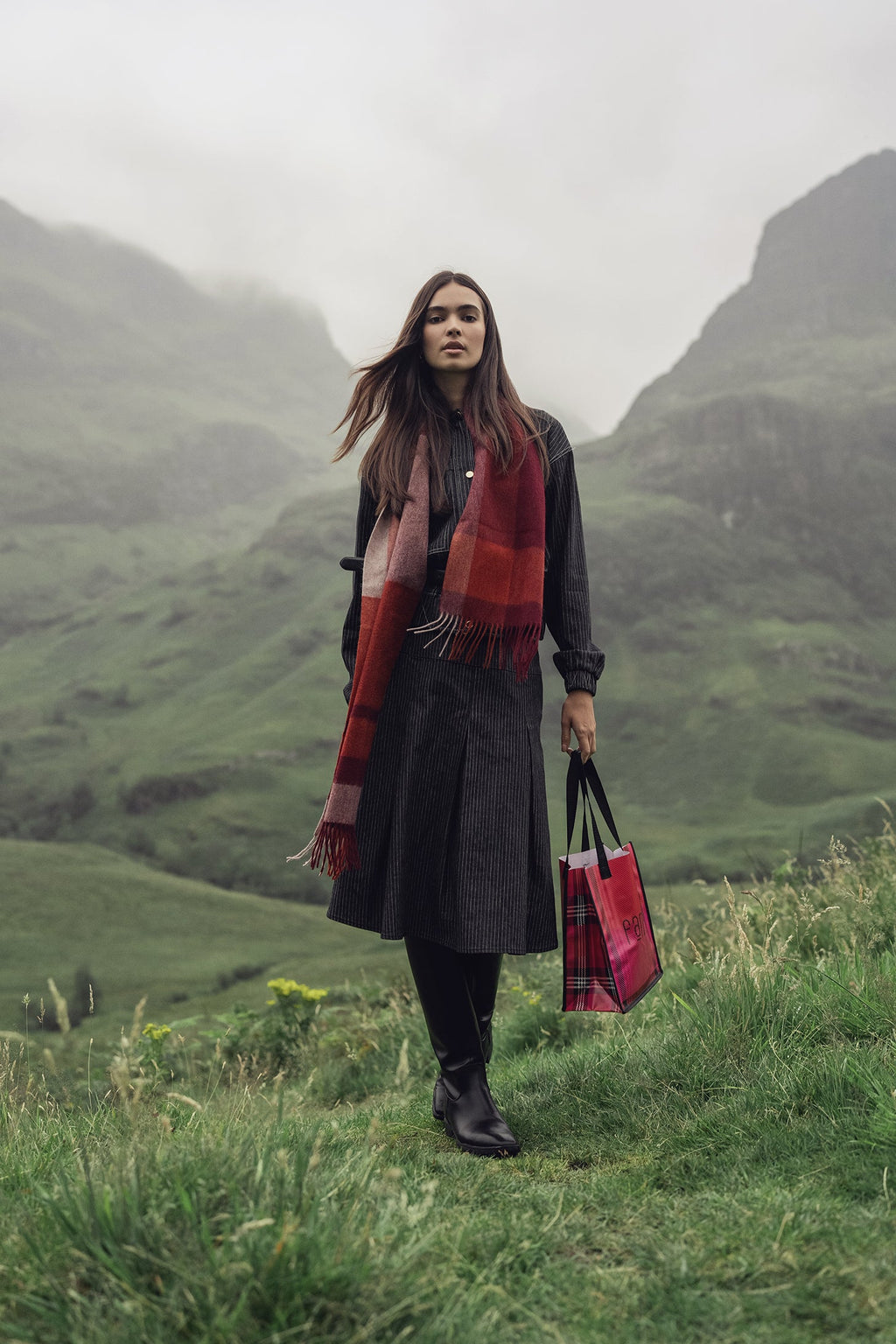 Yoke Pleated Denim Skirt-Black Pinstripe