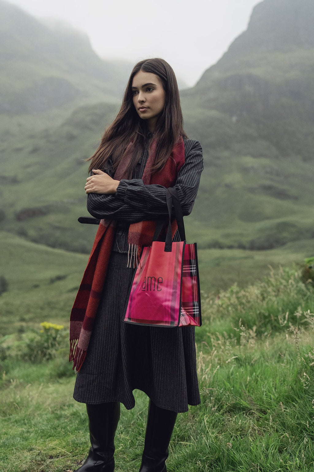 Yoke Pleated Denim Skirt-Black Pinstripe