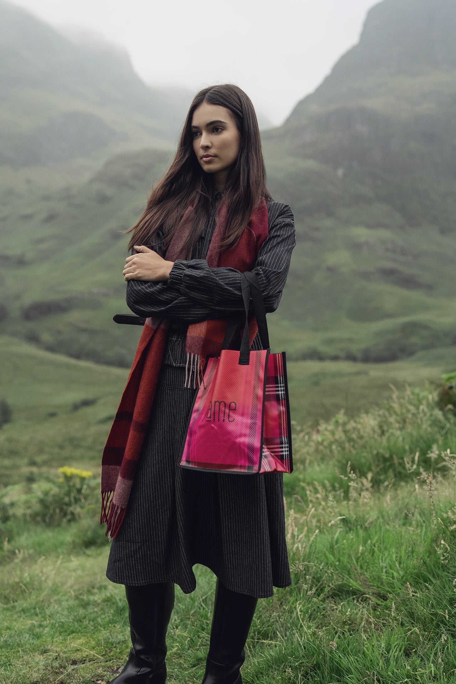 Yoke Pleated Denim Skirt-Black Pinstripe