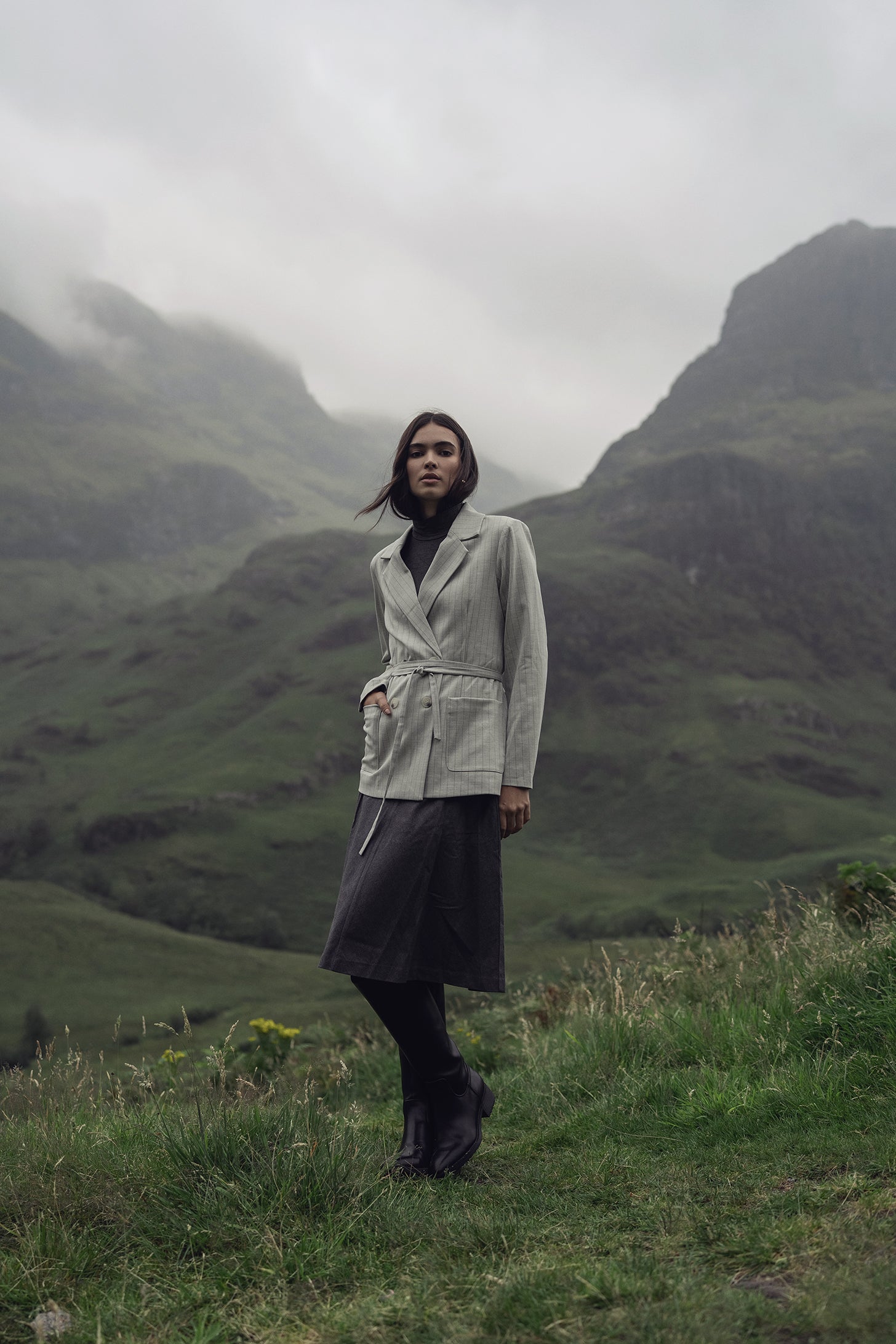 Double Breasted Pinstripe Cardigan-Heathered Grey