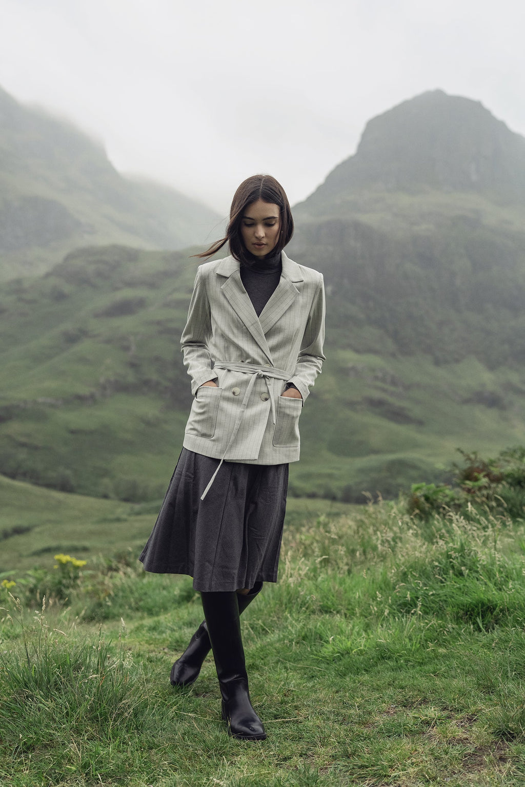 Double Breasted Pinstripe Cardigan-Heathered Grey