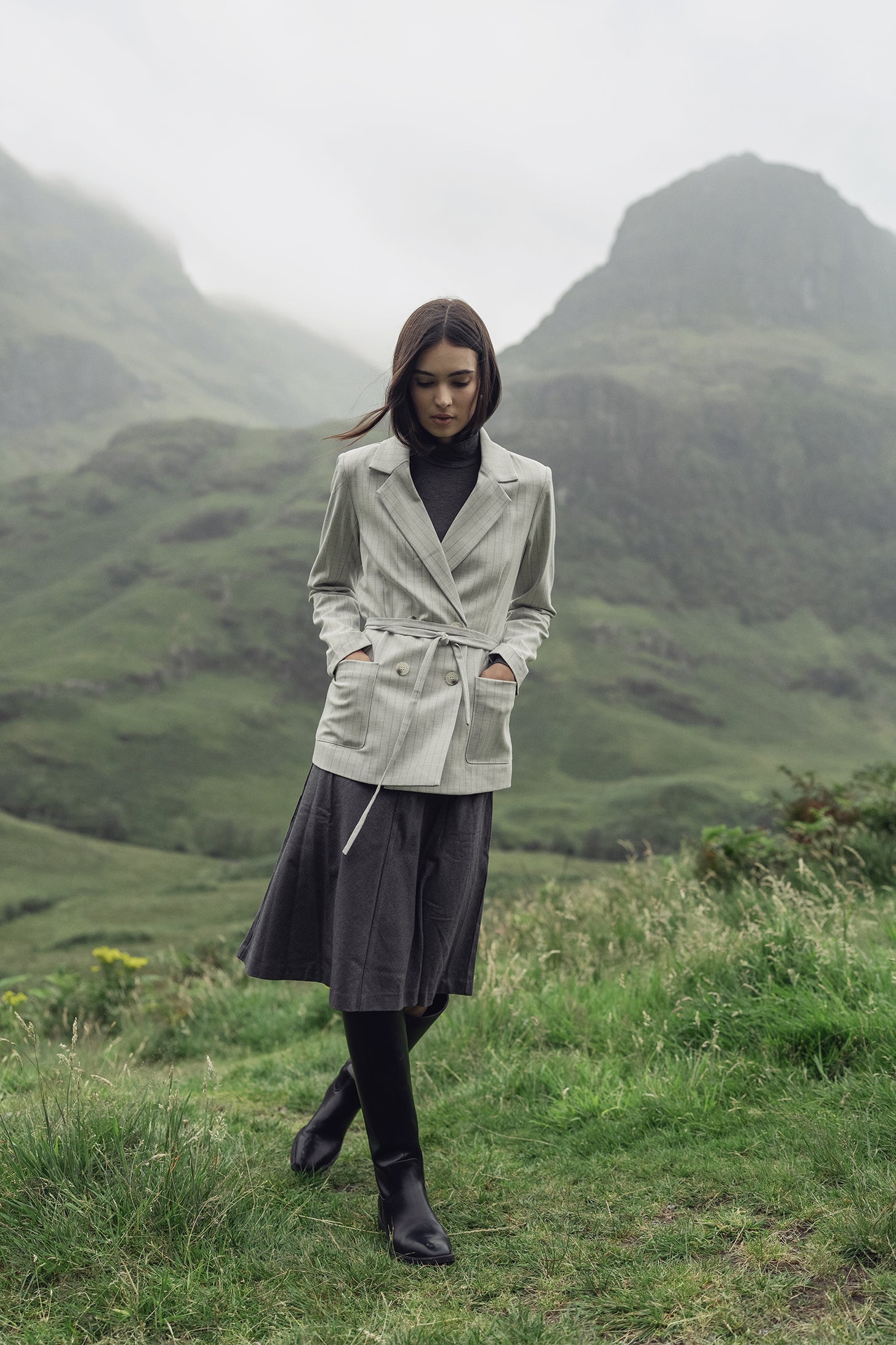 Double Breasted Pinstripe Cardigan-Heathered Grey