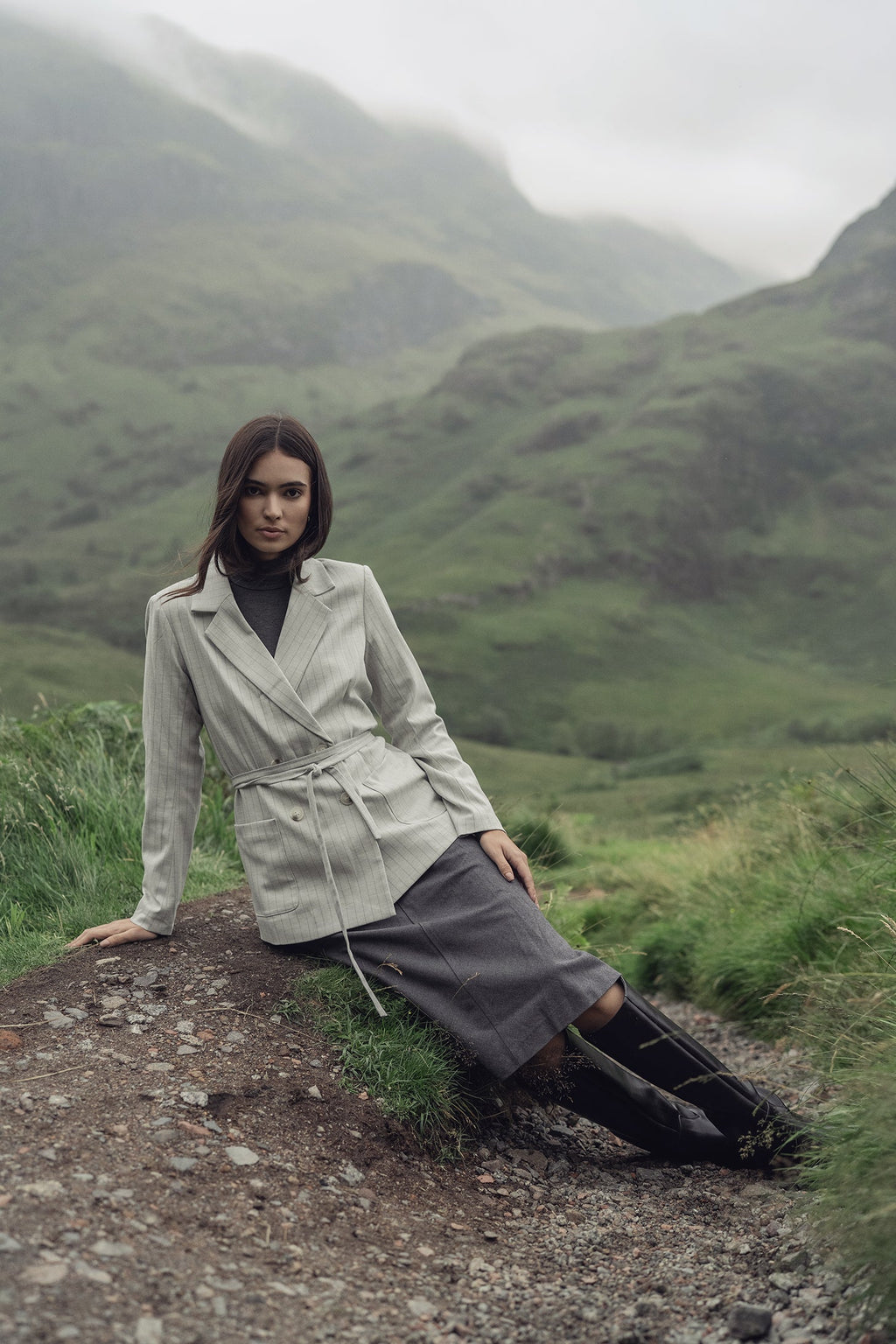 Double Breasted Pinstripe Cardigan-Heathered Grey