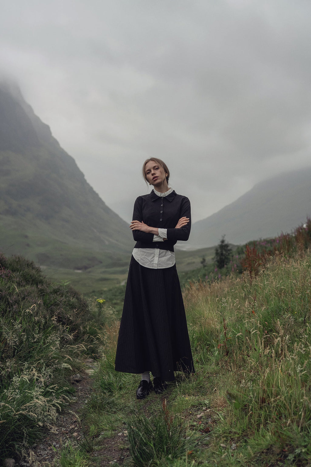 Wool Blend Yoke Skirt 37"-Black Pinstripe