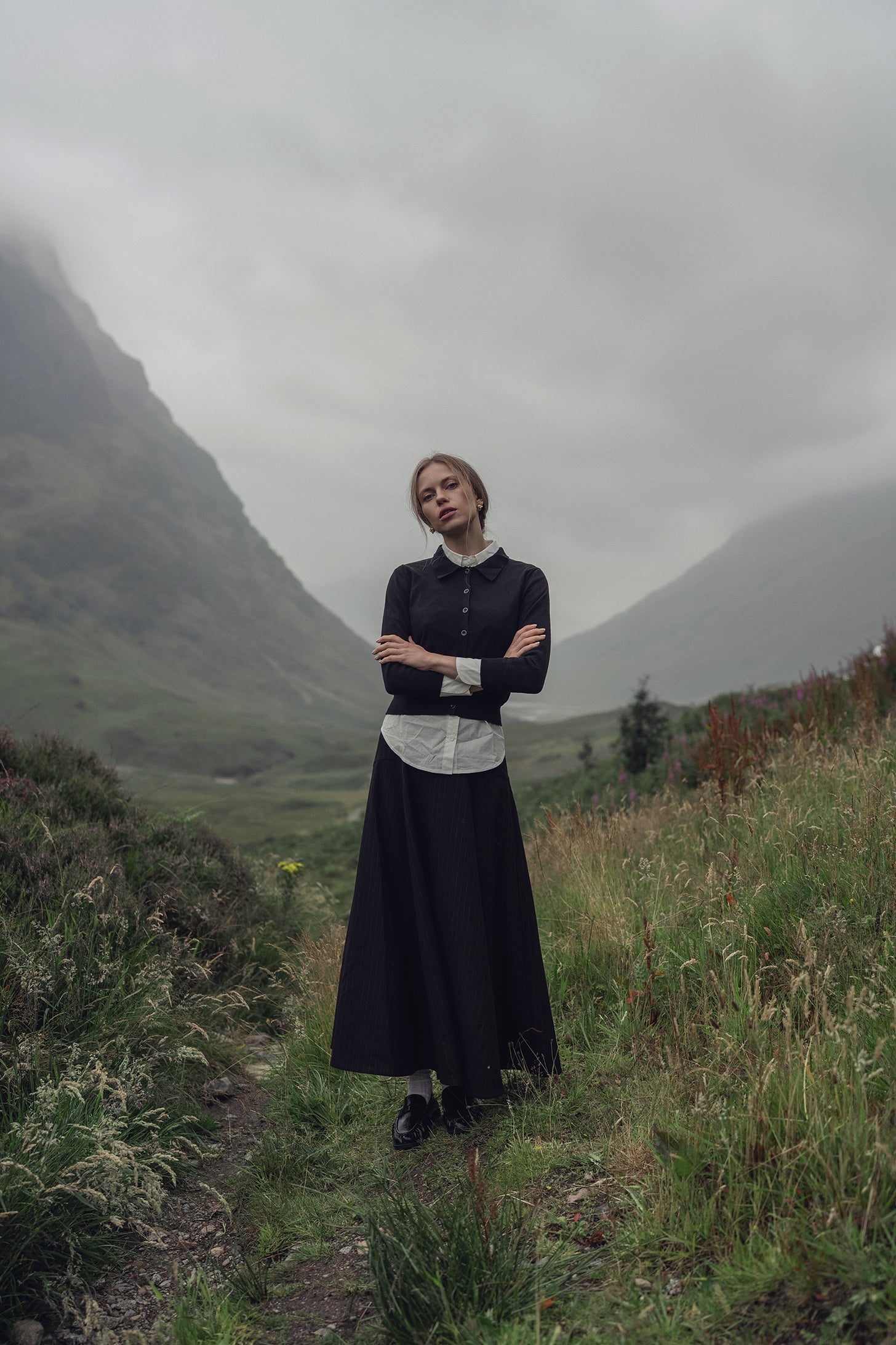 Wool Blend Yoke Skirt 37"-Black Pinstripe
