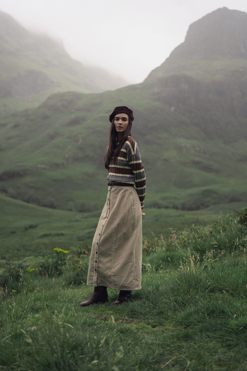 Cable Striped Sweater-Brown/Grey