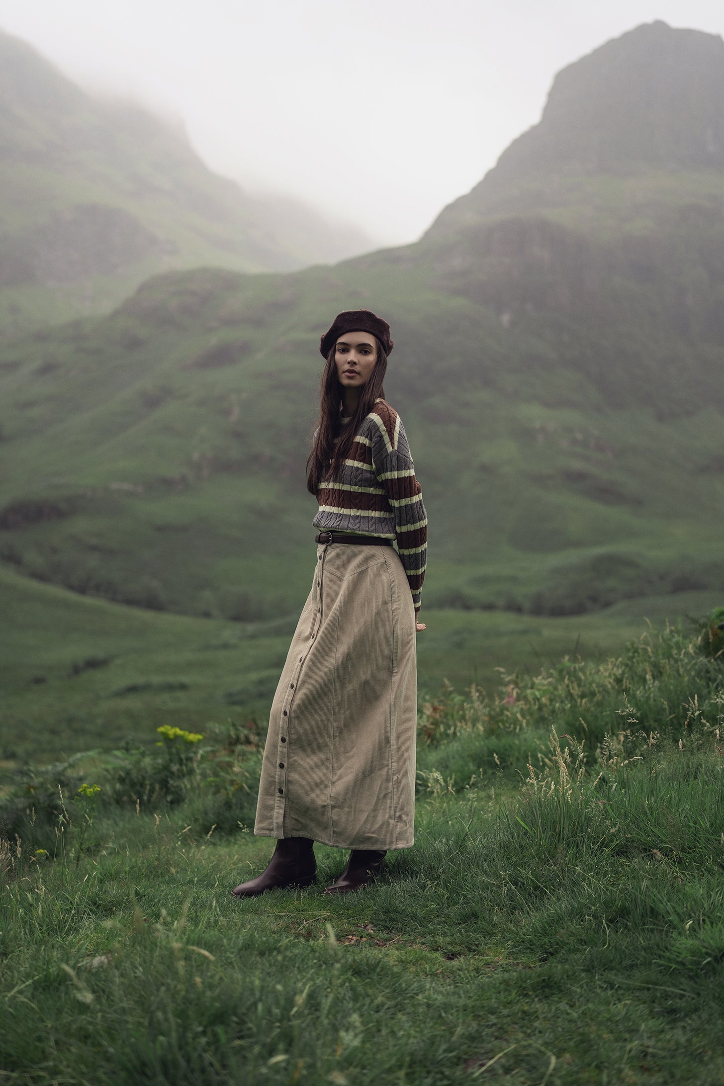 Cable Striped Sweater-Brown/Grey