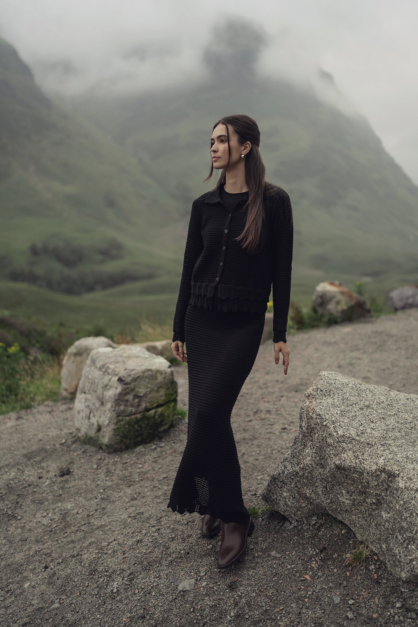 Crochet Ruffle Cardigan-Black