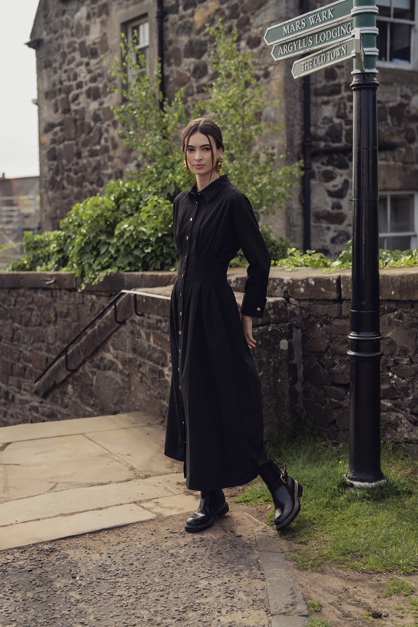 Pleat Waist Pinstripe Button Down Dress-Black