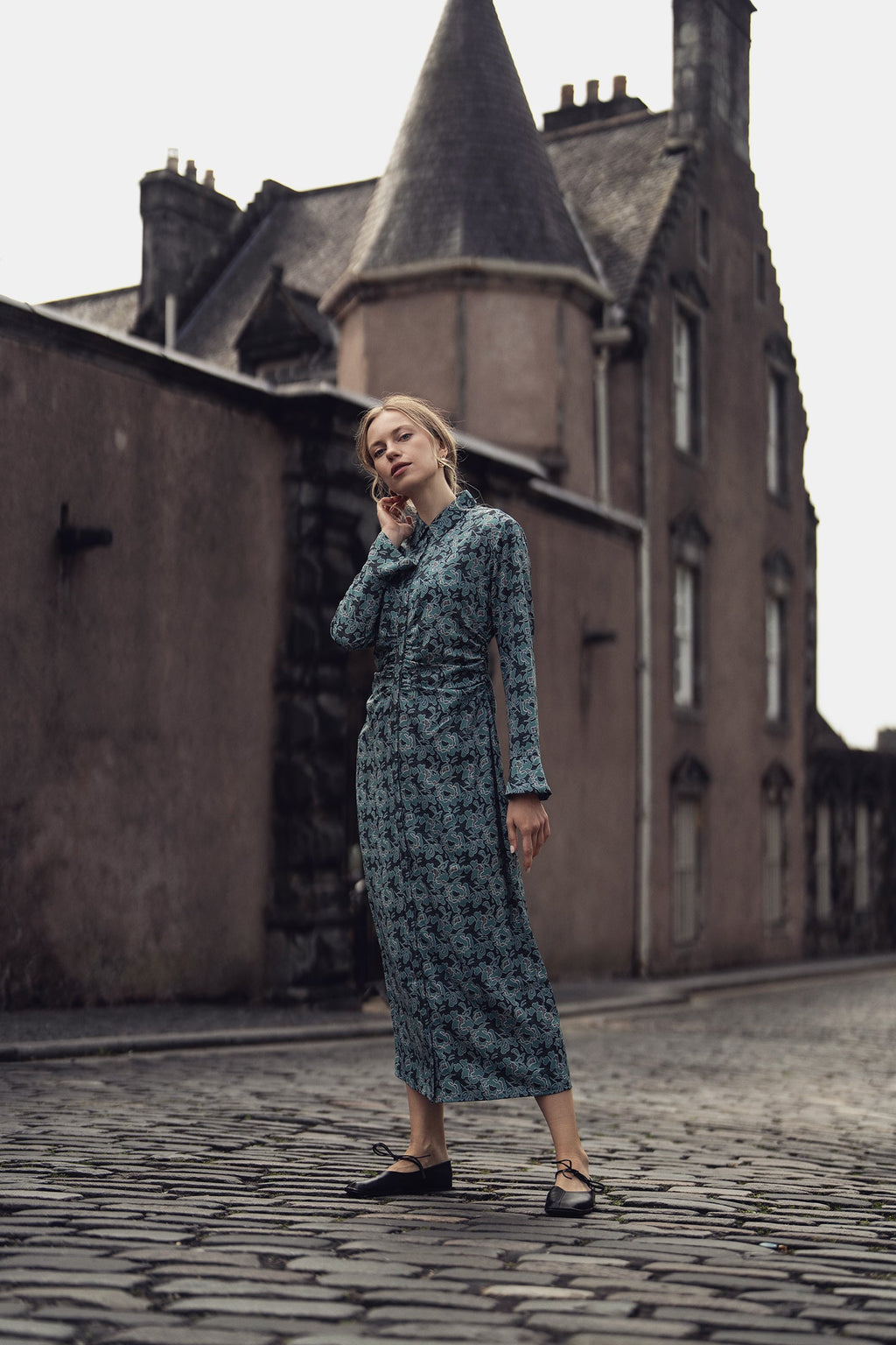 Front Shirred Shirtdress-Teal Floral