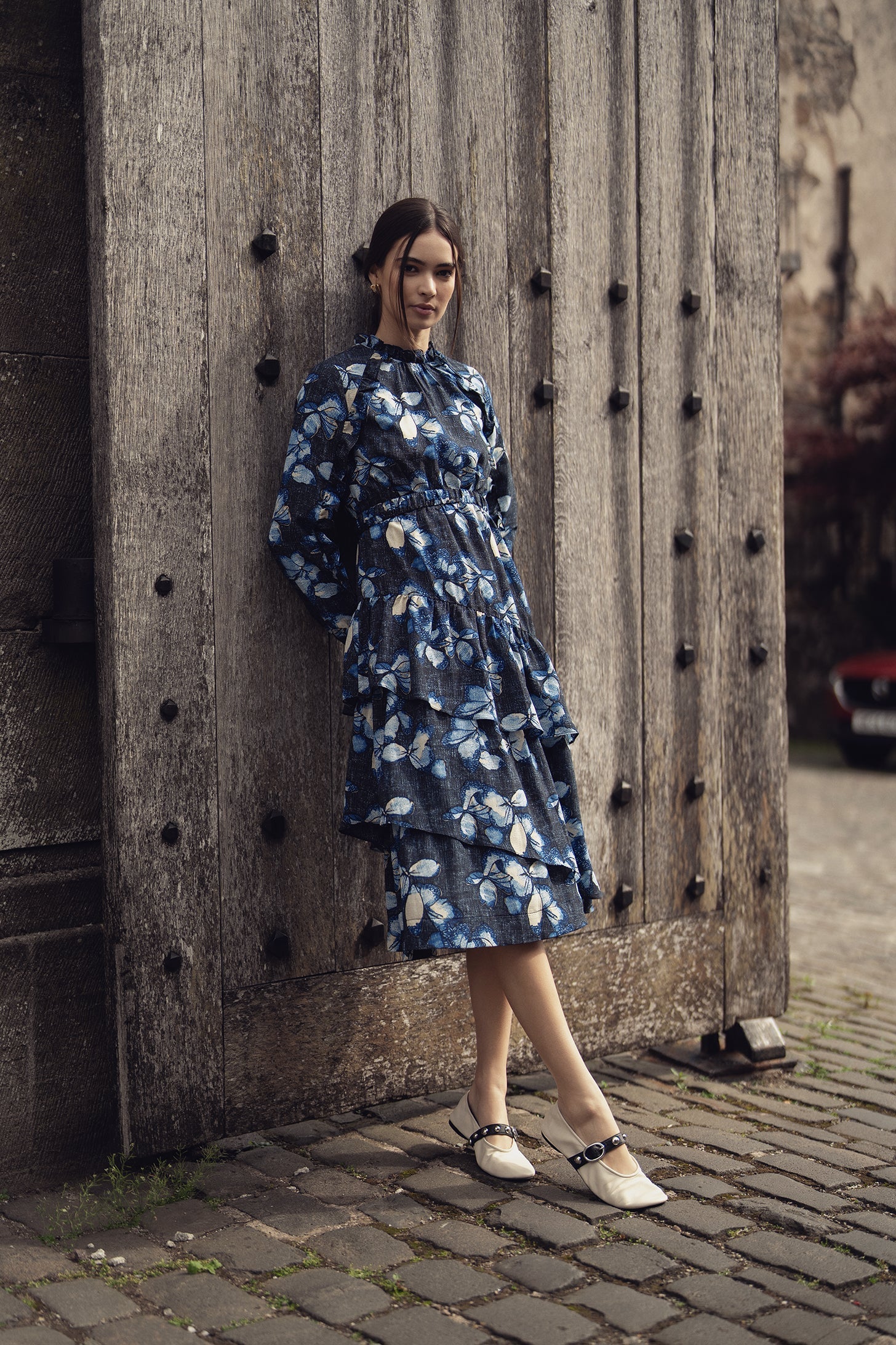 Layered Belted Dress-Blue Floral
