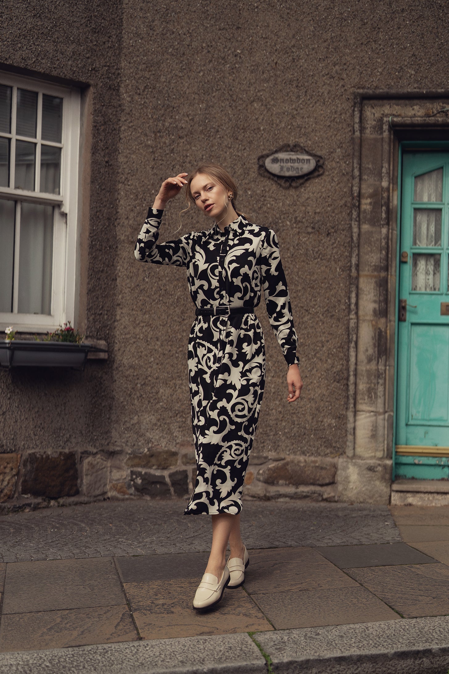 Long Button Down Shirtdress-Black/White Floral