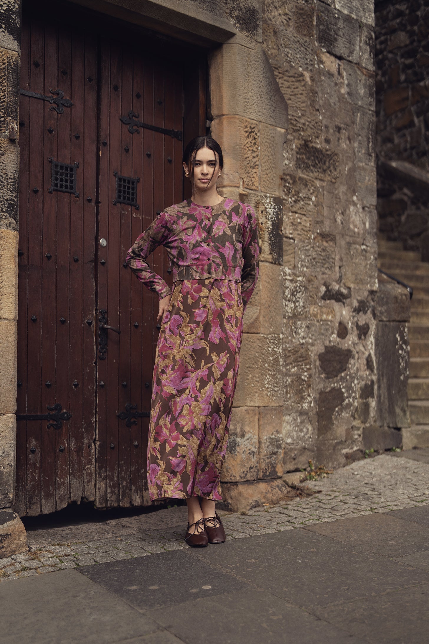 A-Line V Neck Slip Dress-Brown/Pink Floral