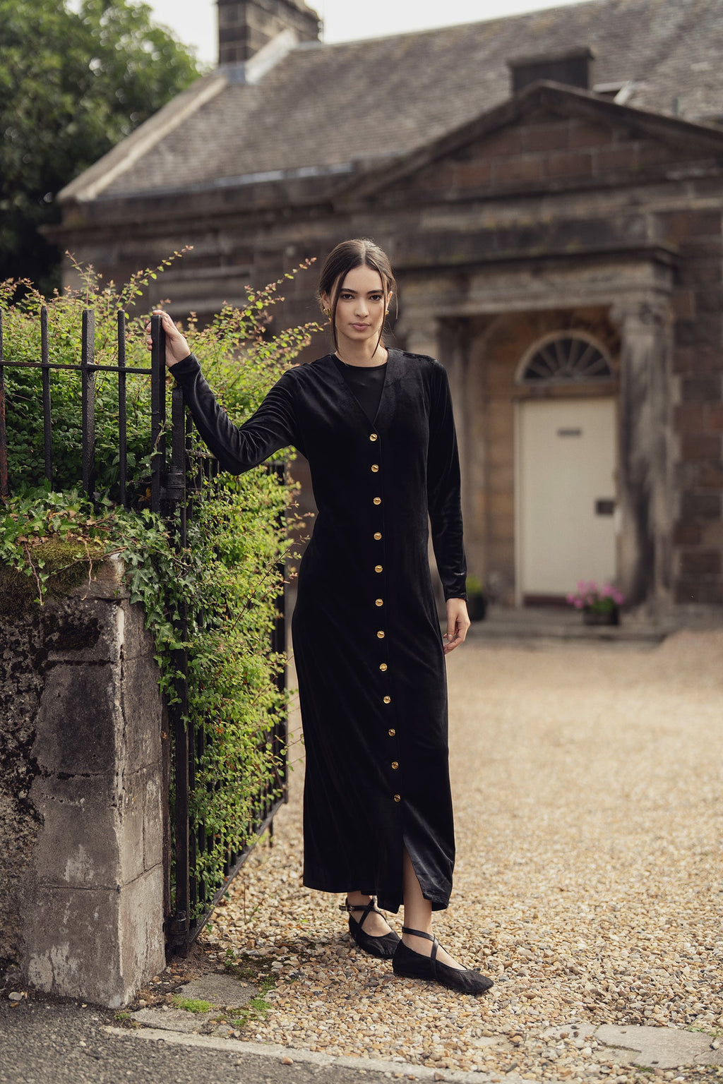 Velour Button Down Maxi Dress-Black