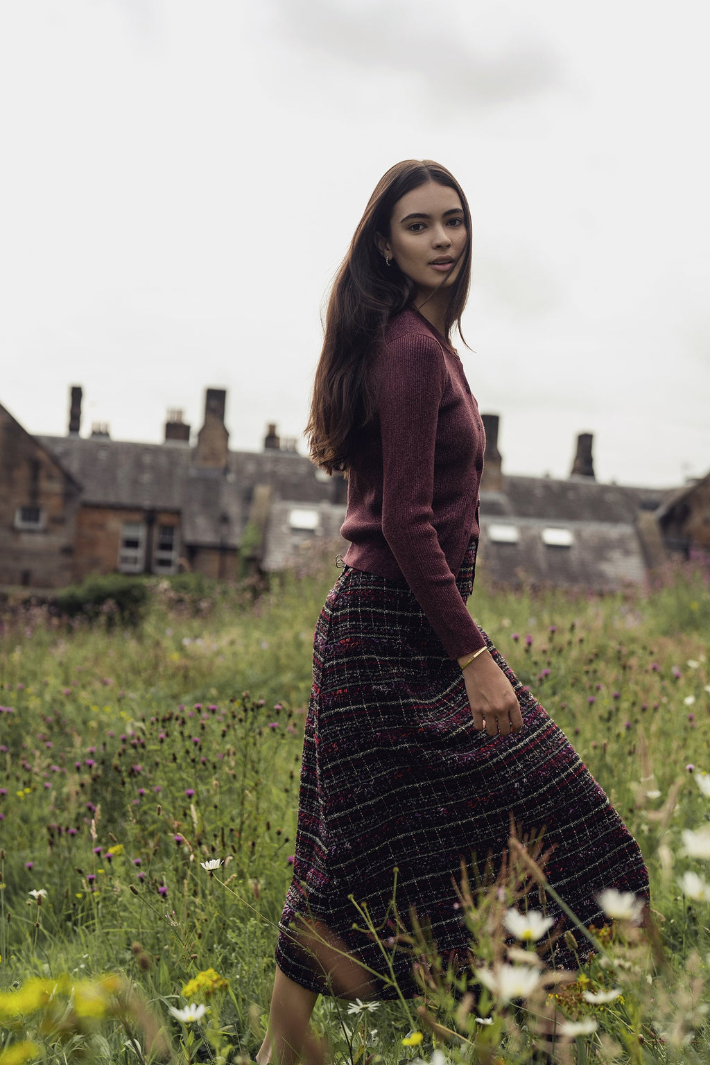 A-Line High Low Skirt-Burgundy Tweed