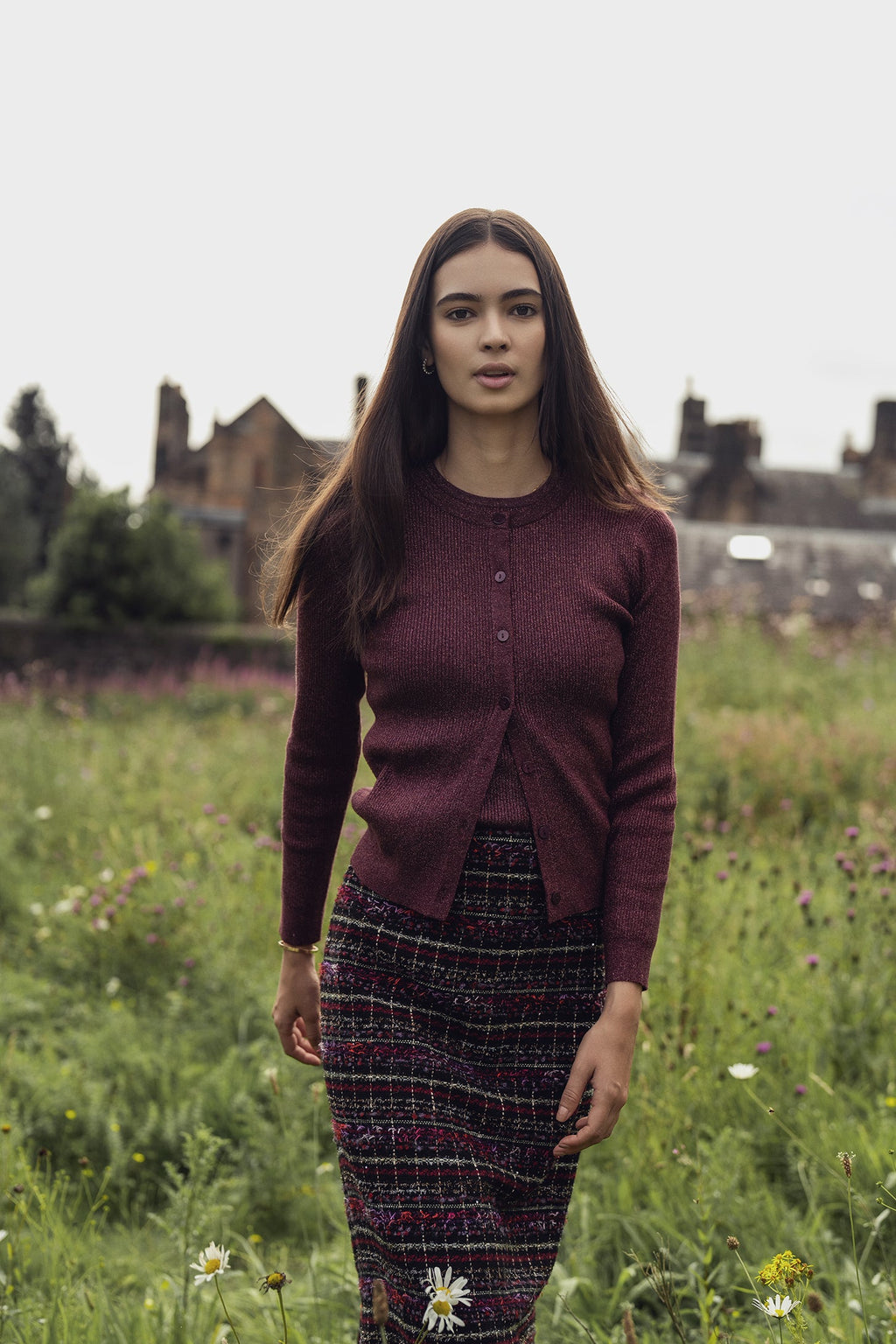 Lurex Ribbed Sweater-Heathered Burgundy