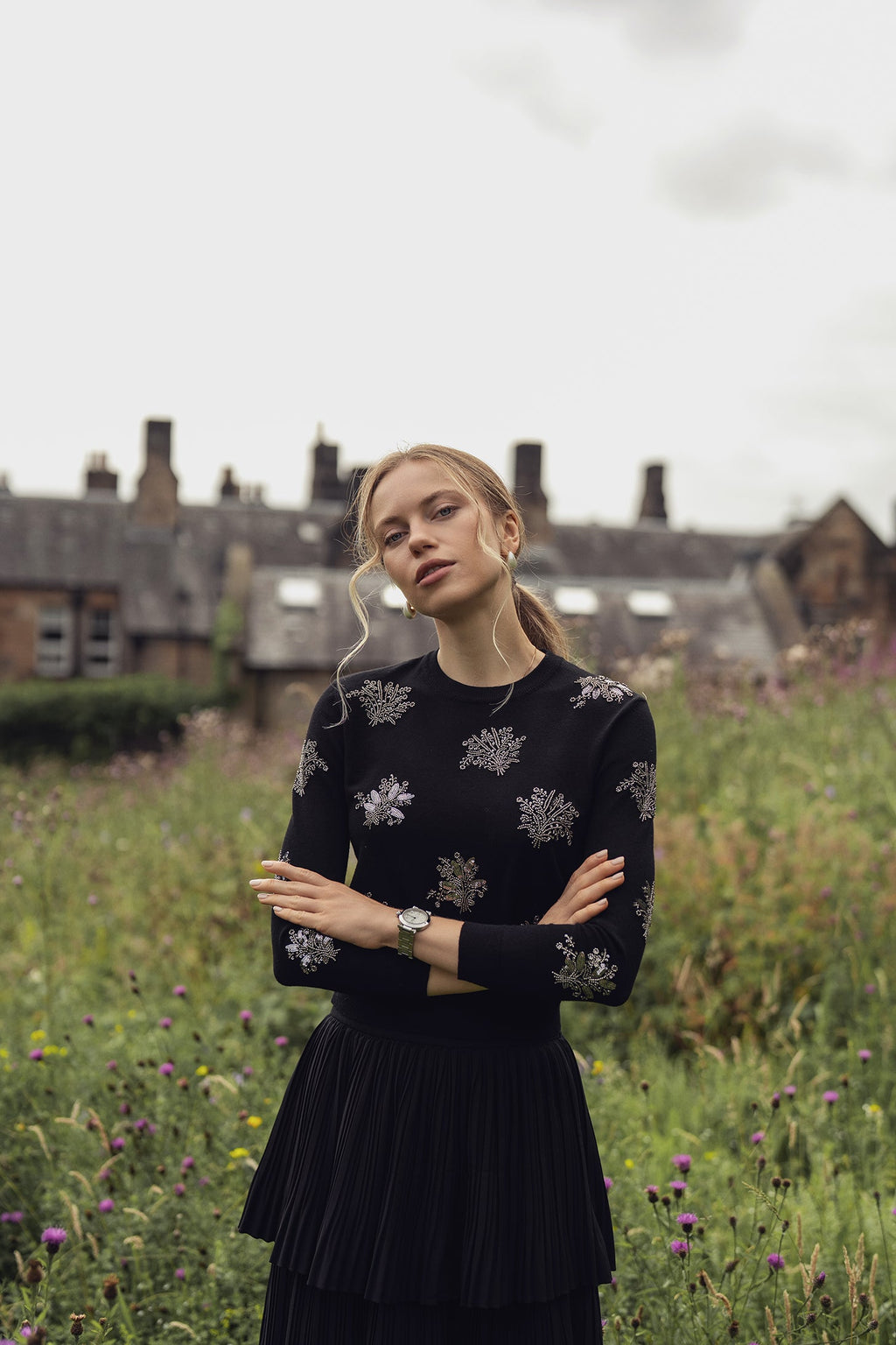 Beaded Flower Sweater-Black