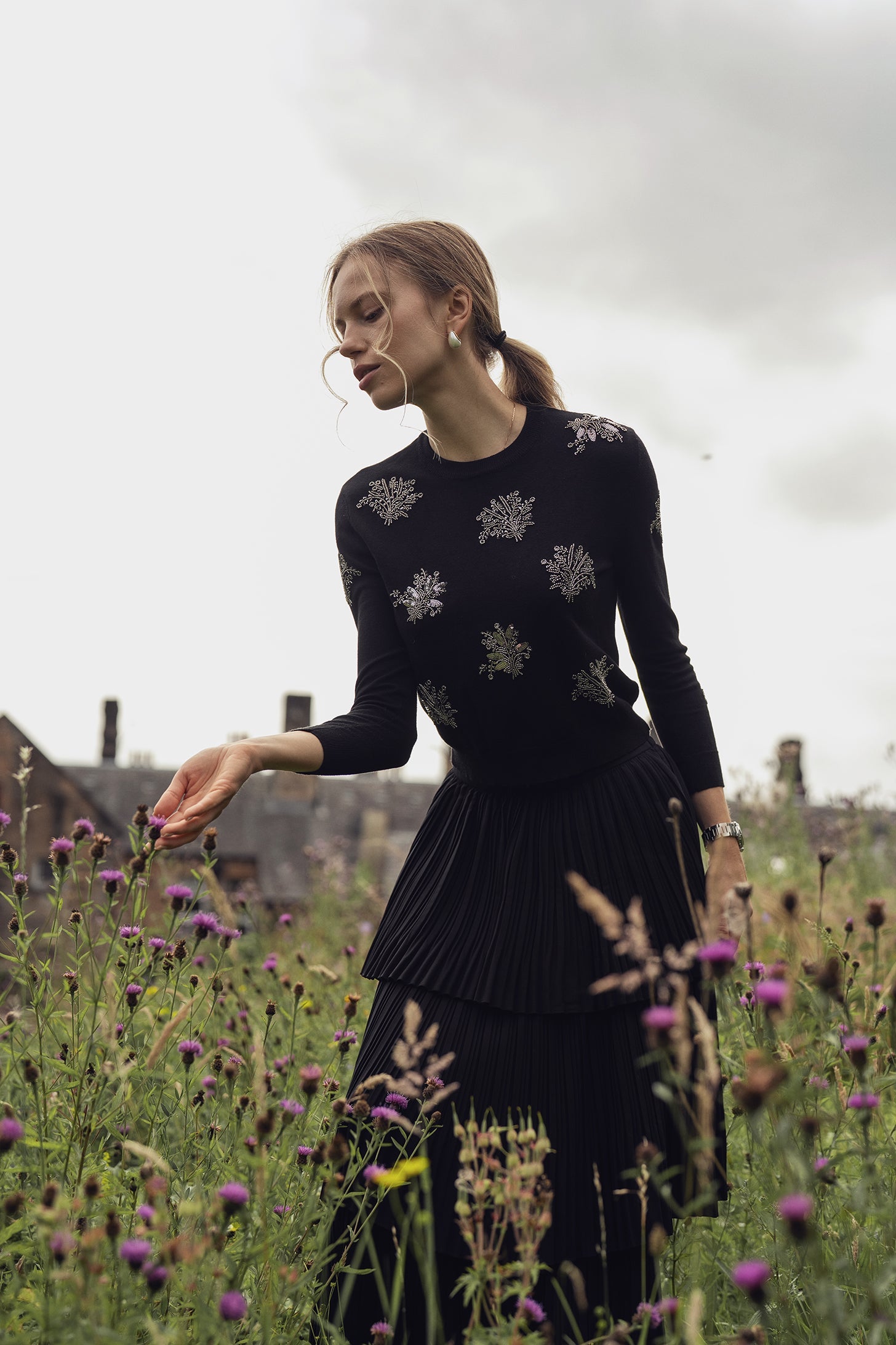 Beaded Flower Sweater-Black