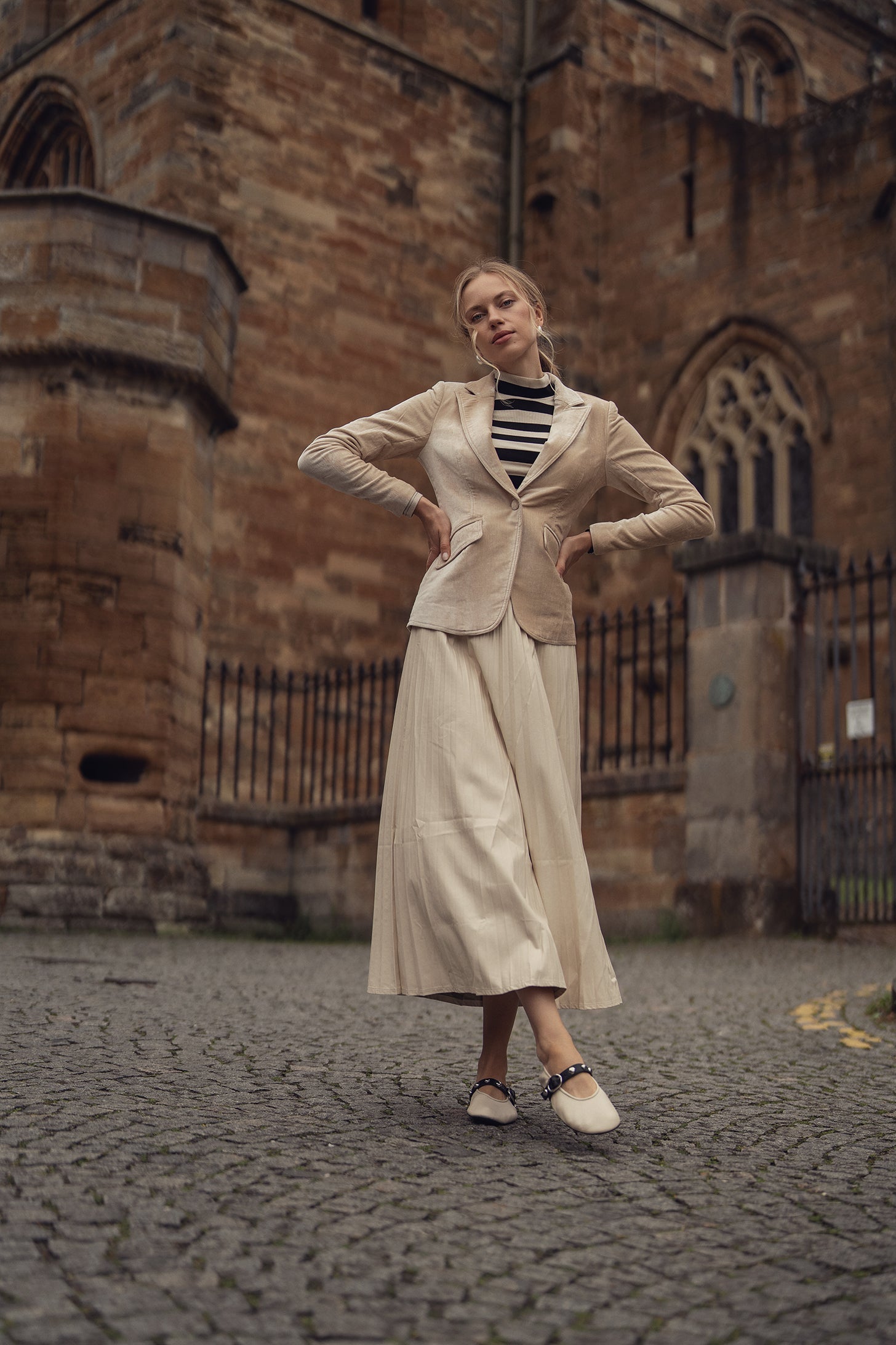 Striped Ribbed Turtleneck-Black/Cream