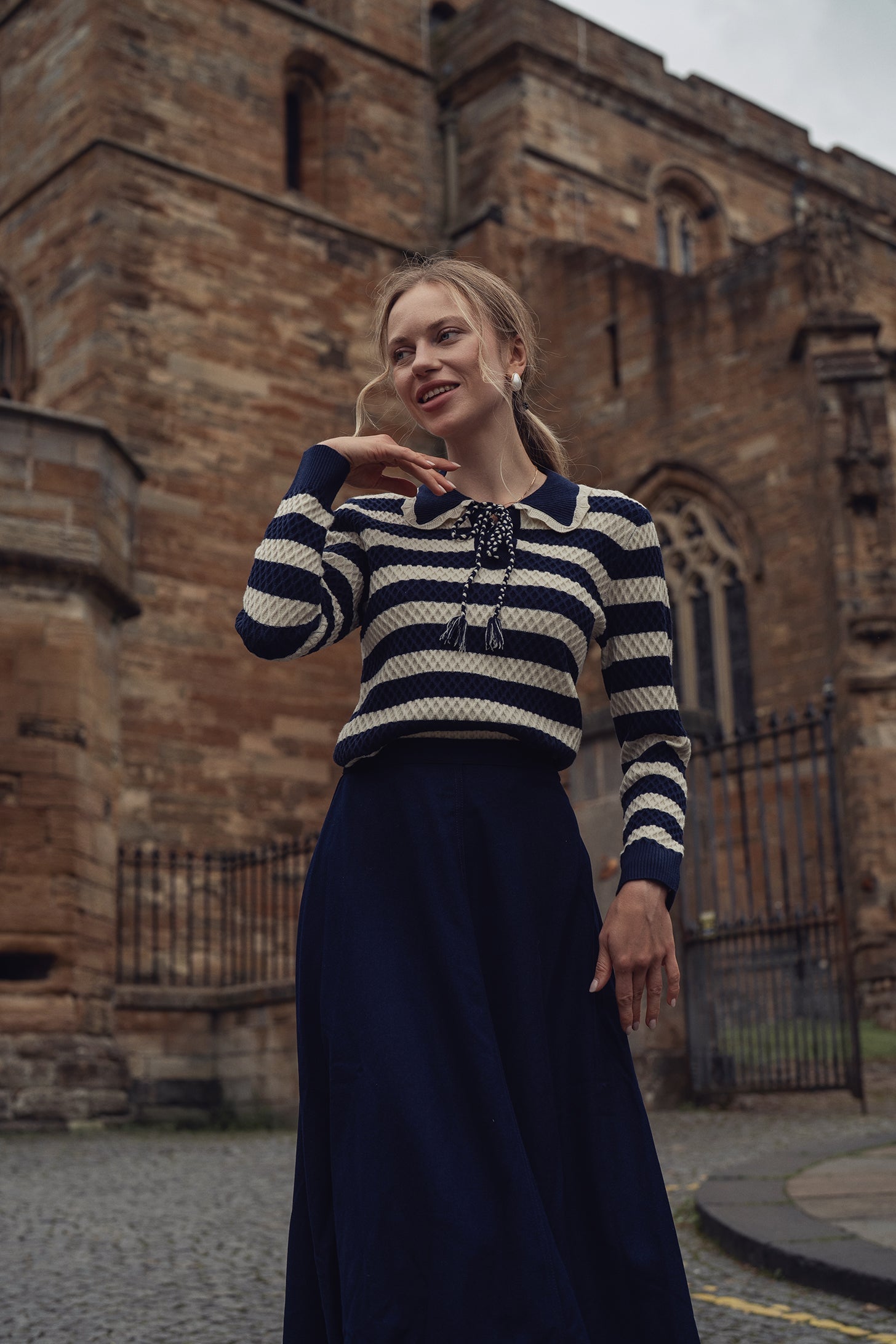 Laced Ruffle Collar Striped Sweater-Navy/Cream