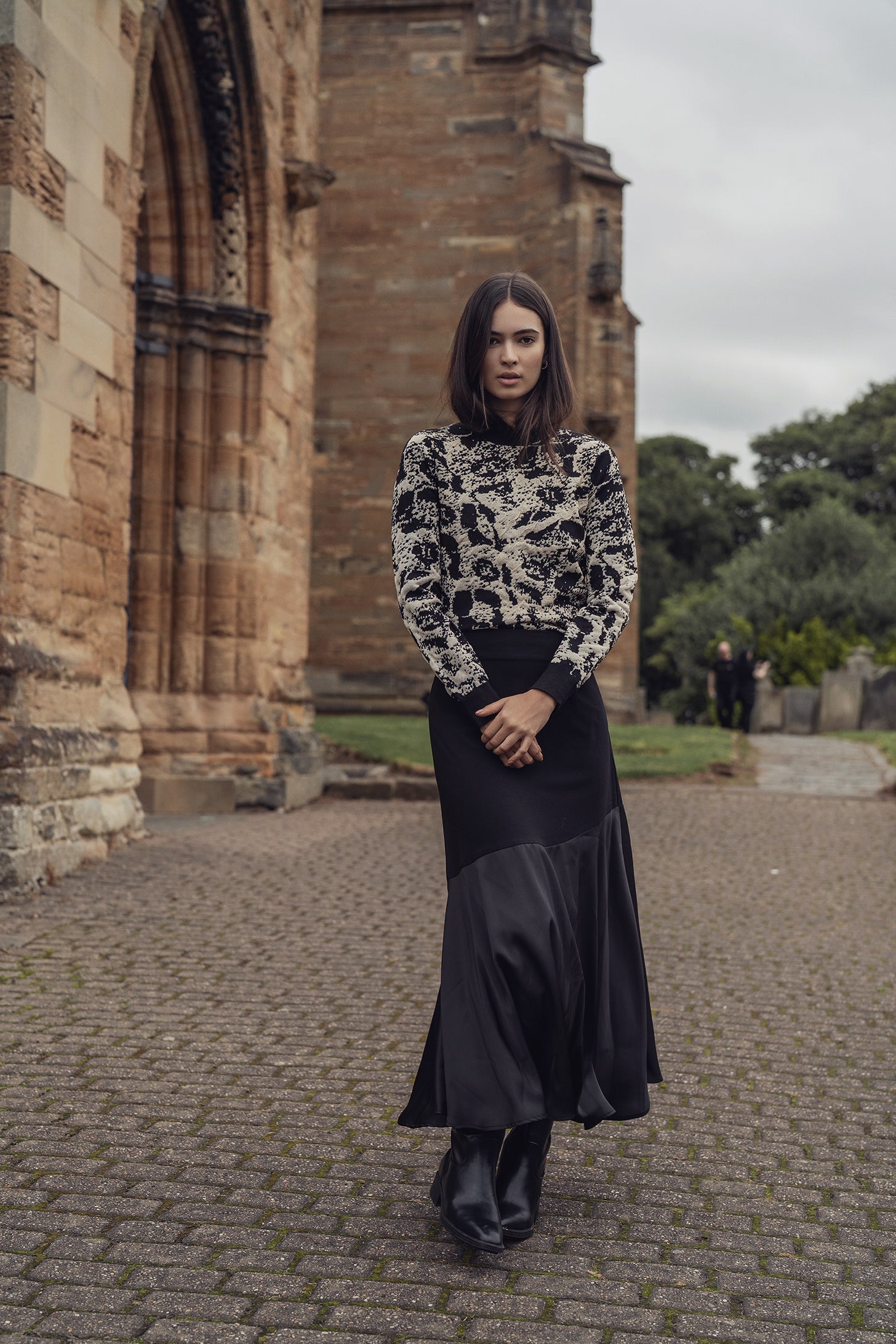 Faux Satin Bottom Flare Skirt-Black