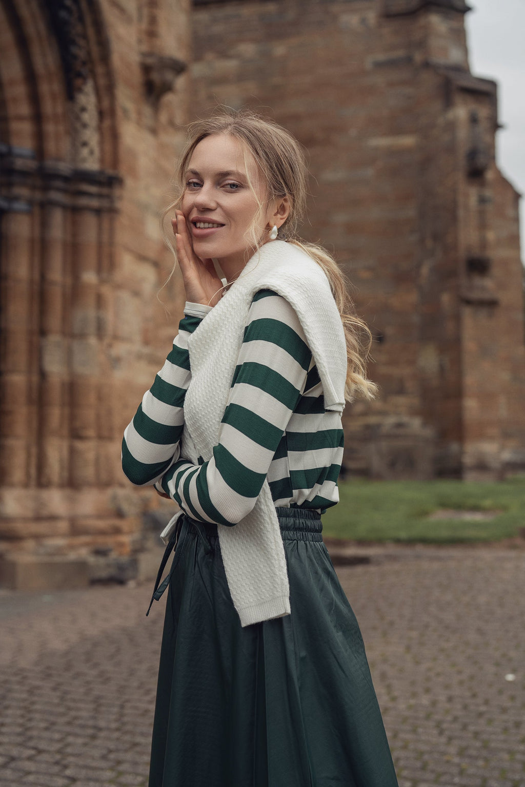 Striped Ribbed Turtleneck-Emerald/Cream