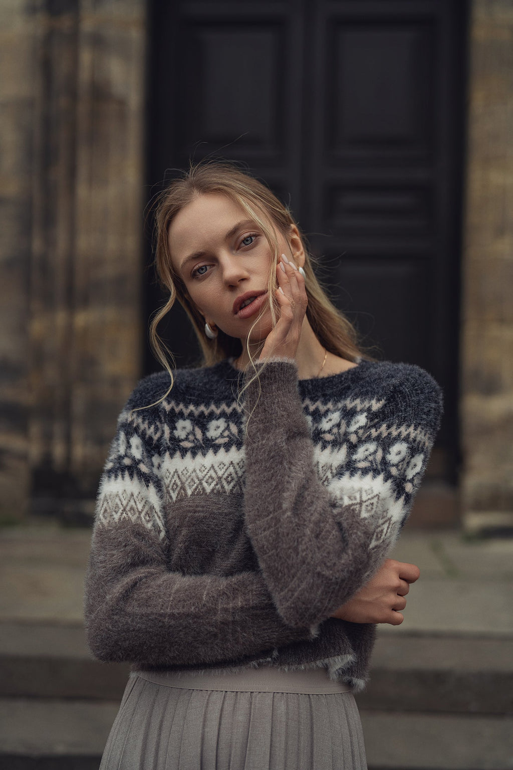 Mohair Crew Cardigan-Aztec Floral