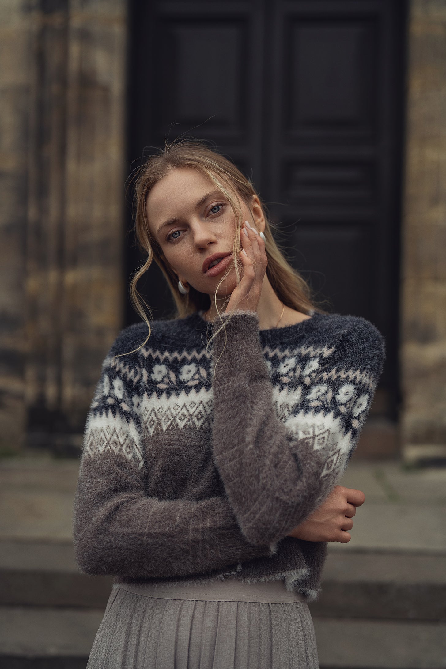 Mohair Crew Cardigan-Aztec Floral