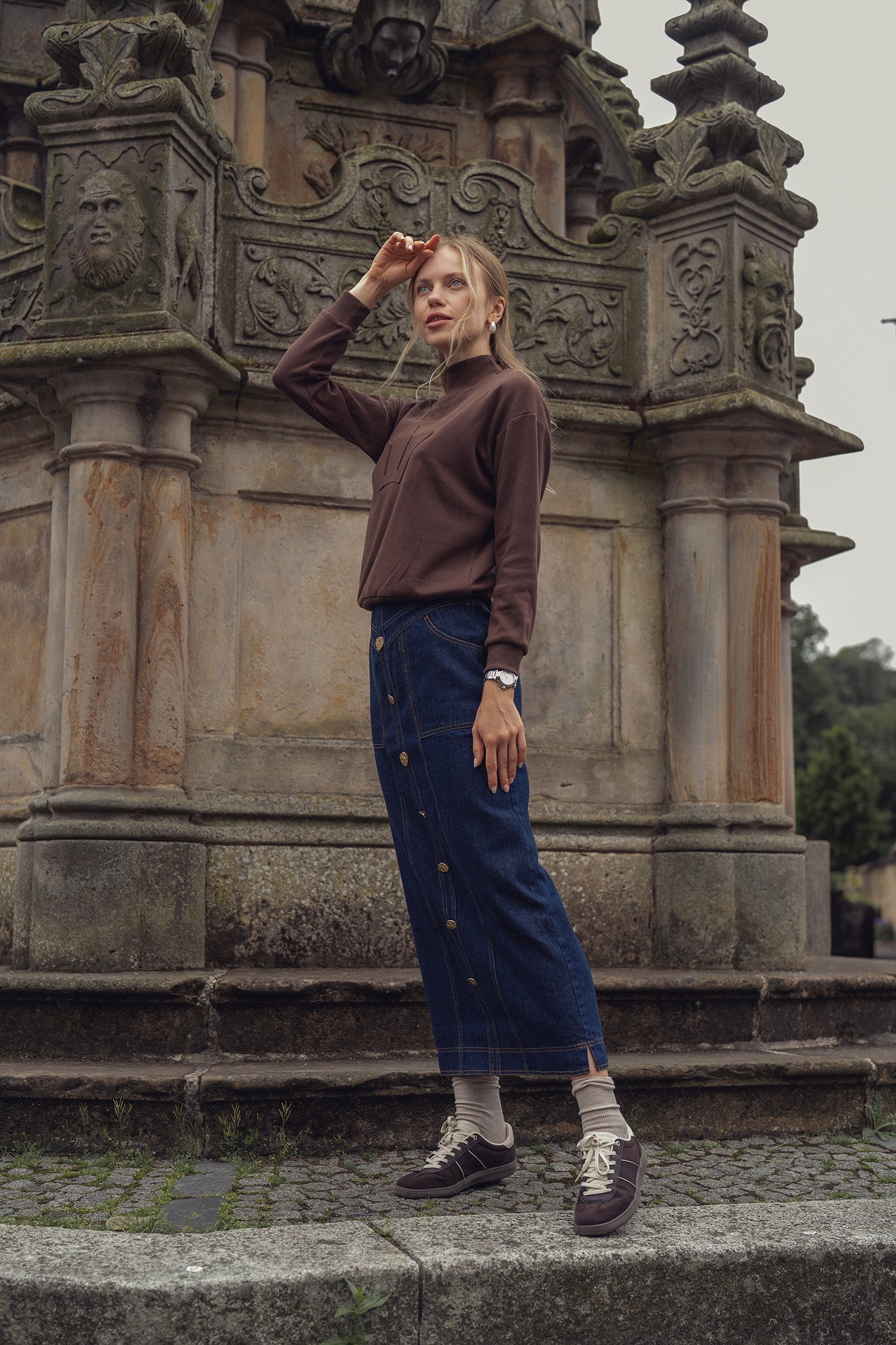 Button Design Denim Skirt-Blue