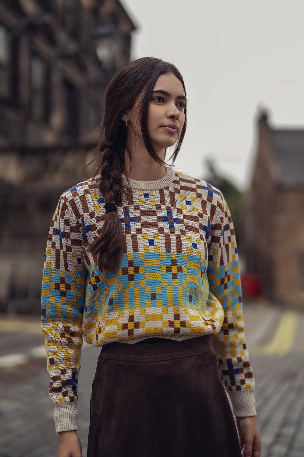 Geometric Design Sweater-Brown