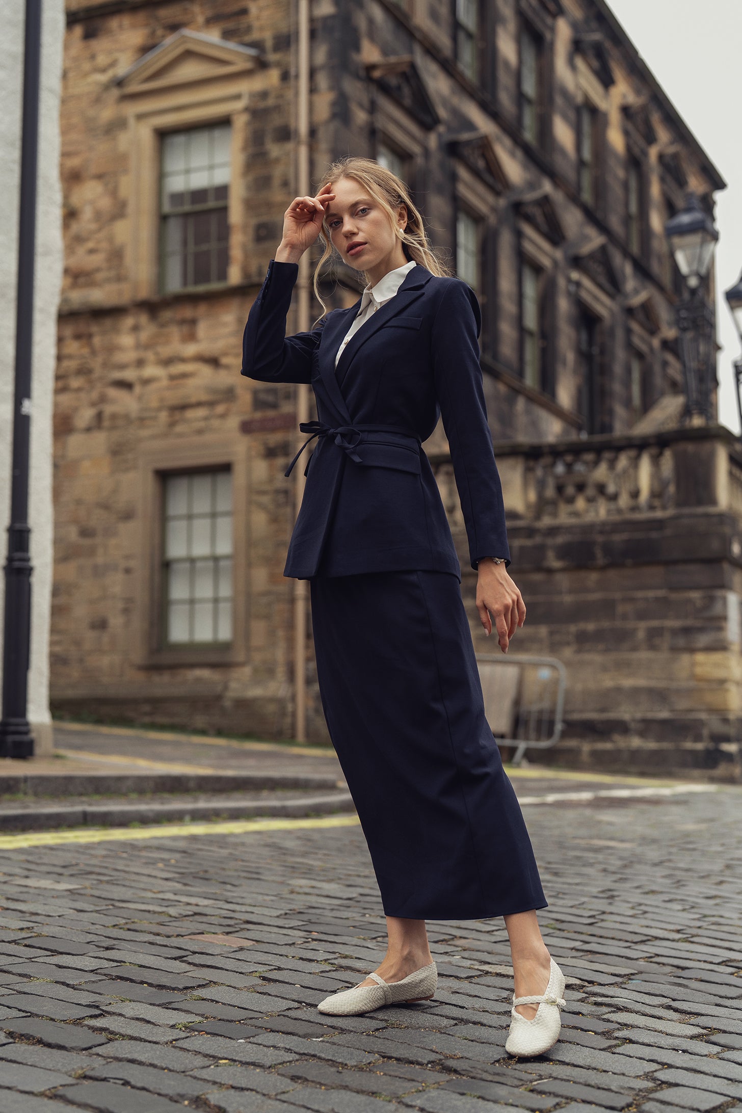 Straight Kick Pleat Maxi Skirt-Navy