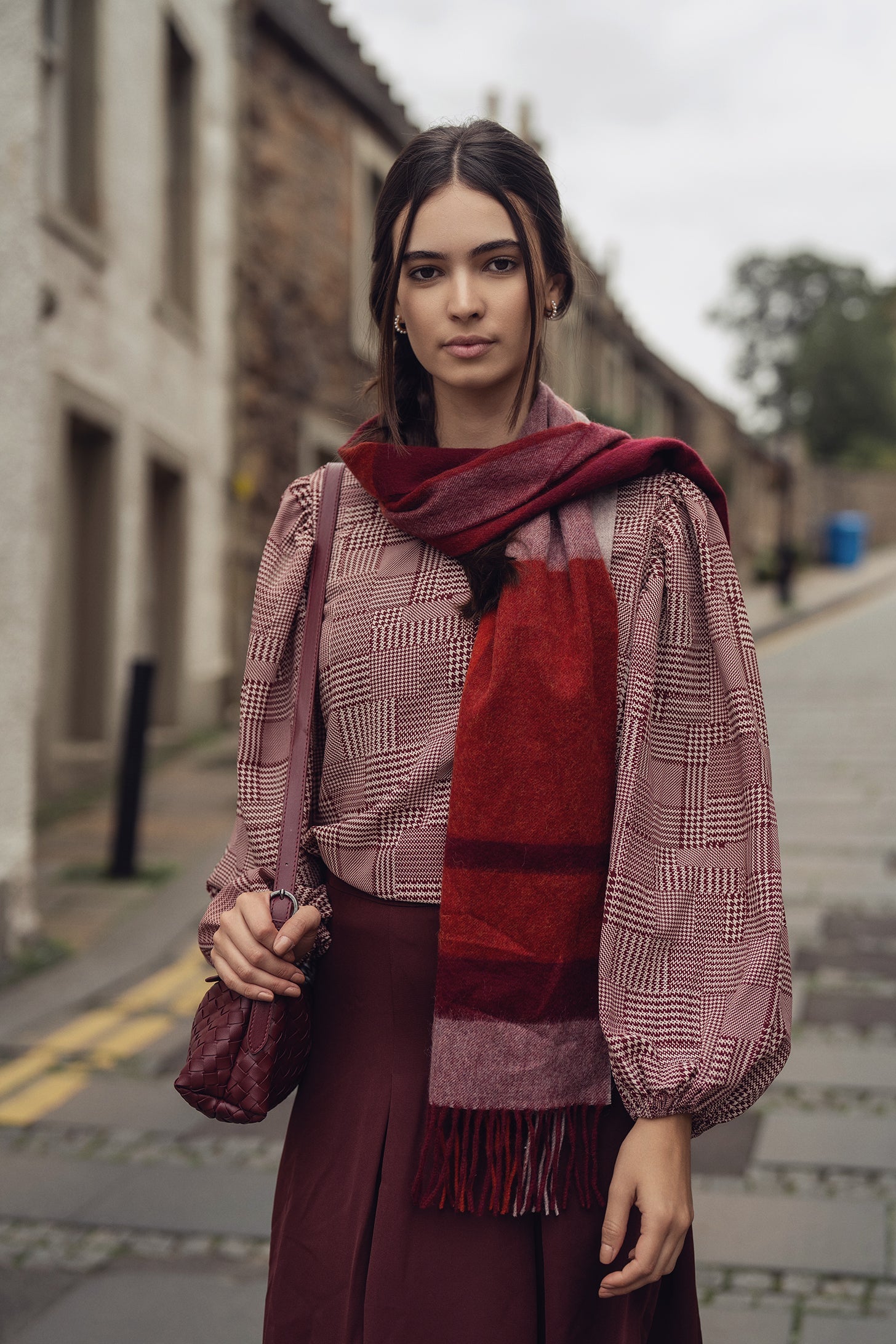 Houndstooth Blouson Sleeve Blouse-Burgundy