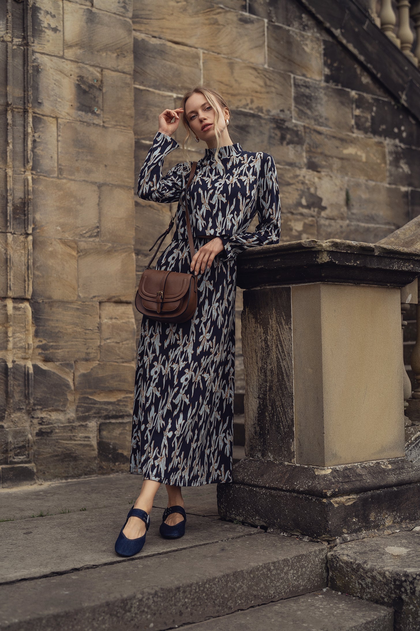 Elastic Waist Maxi Skirt-Blue Floral