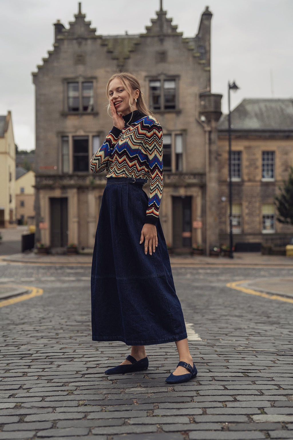 Side Buckle Denim Skirt-Blue