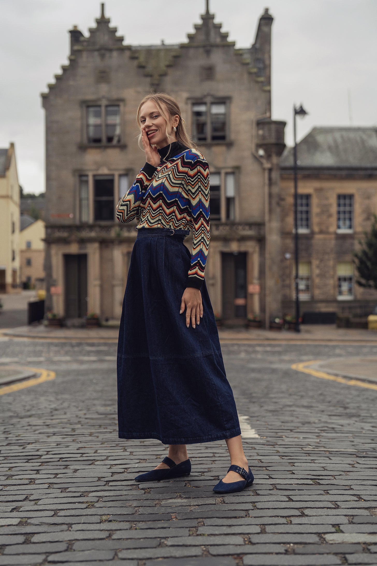 Side Buckle Denim Skirt-Blue