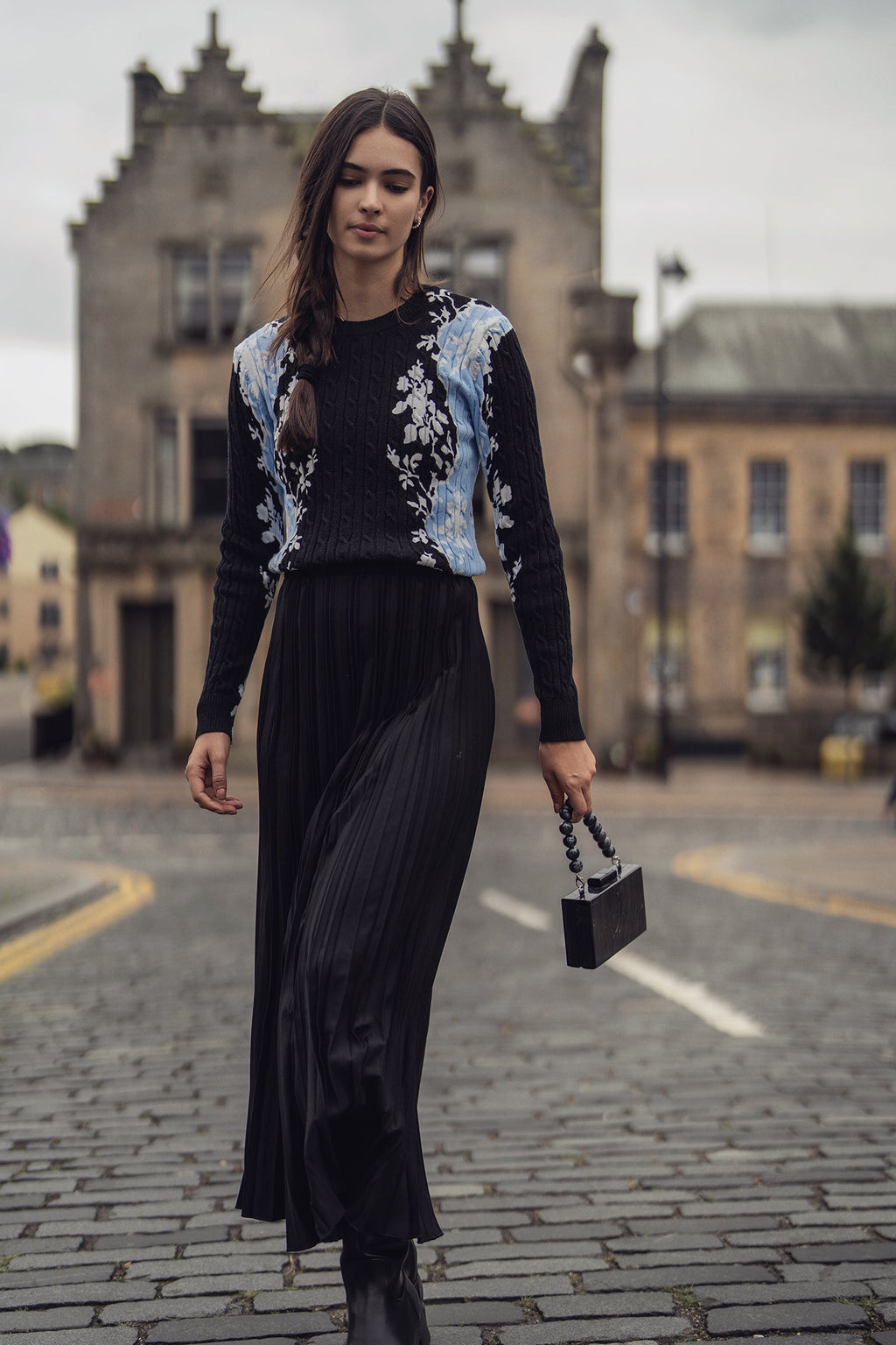 Printed Cable Sweater-Floral Border