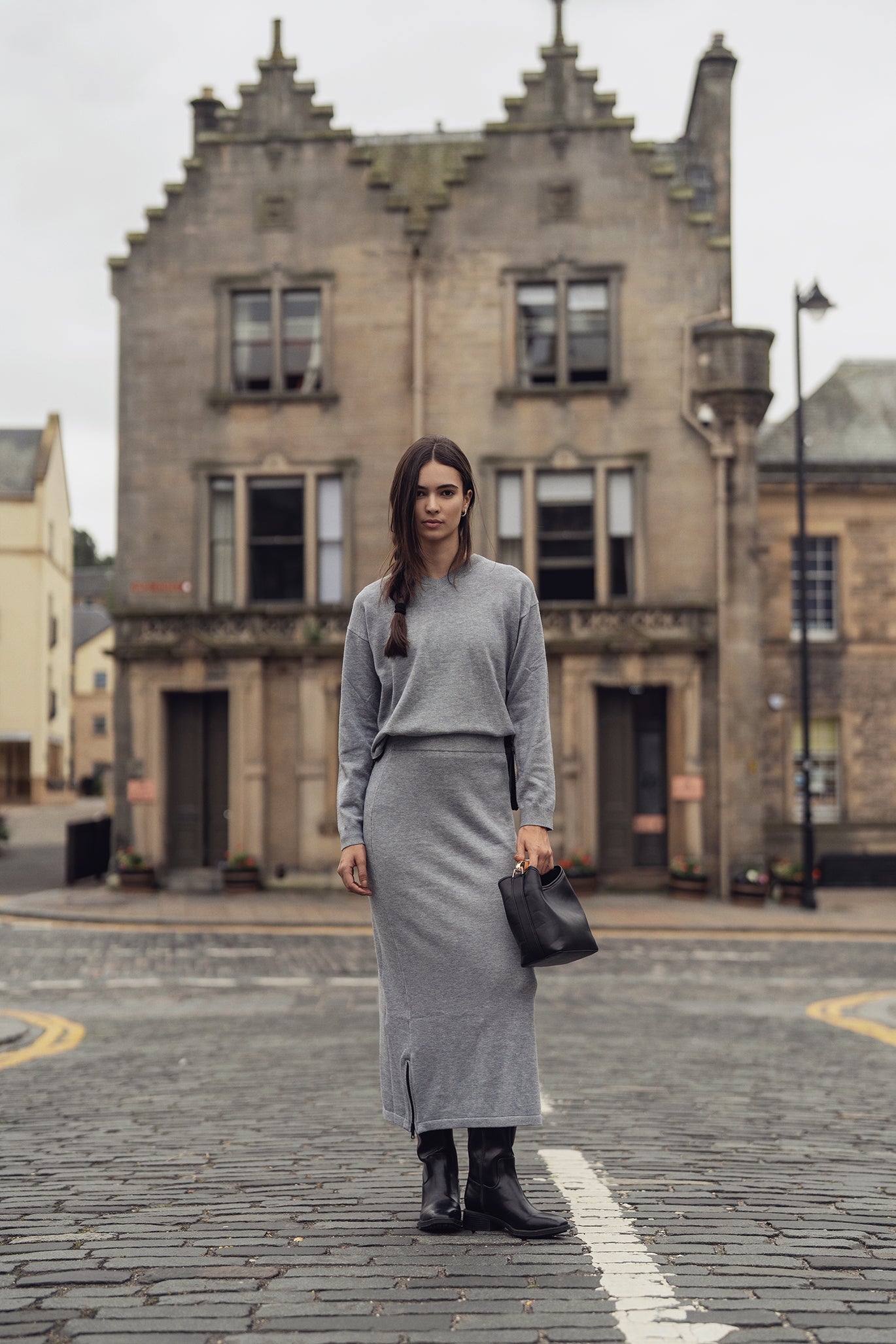 Side Zipper Straight Maxi Skirt-Grey