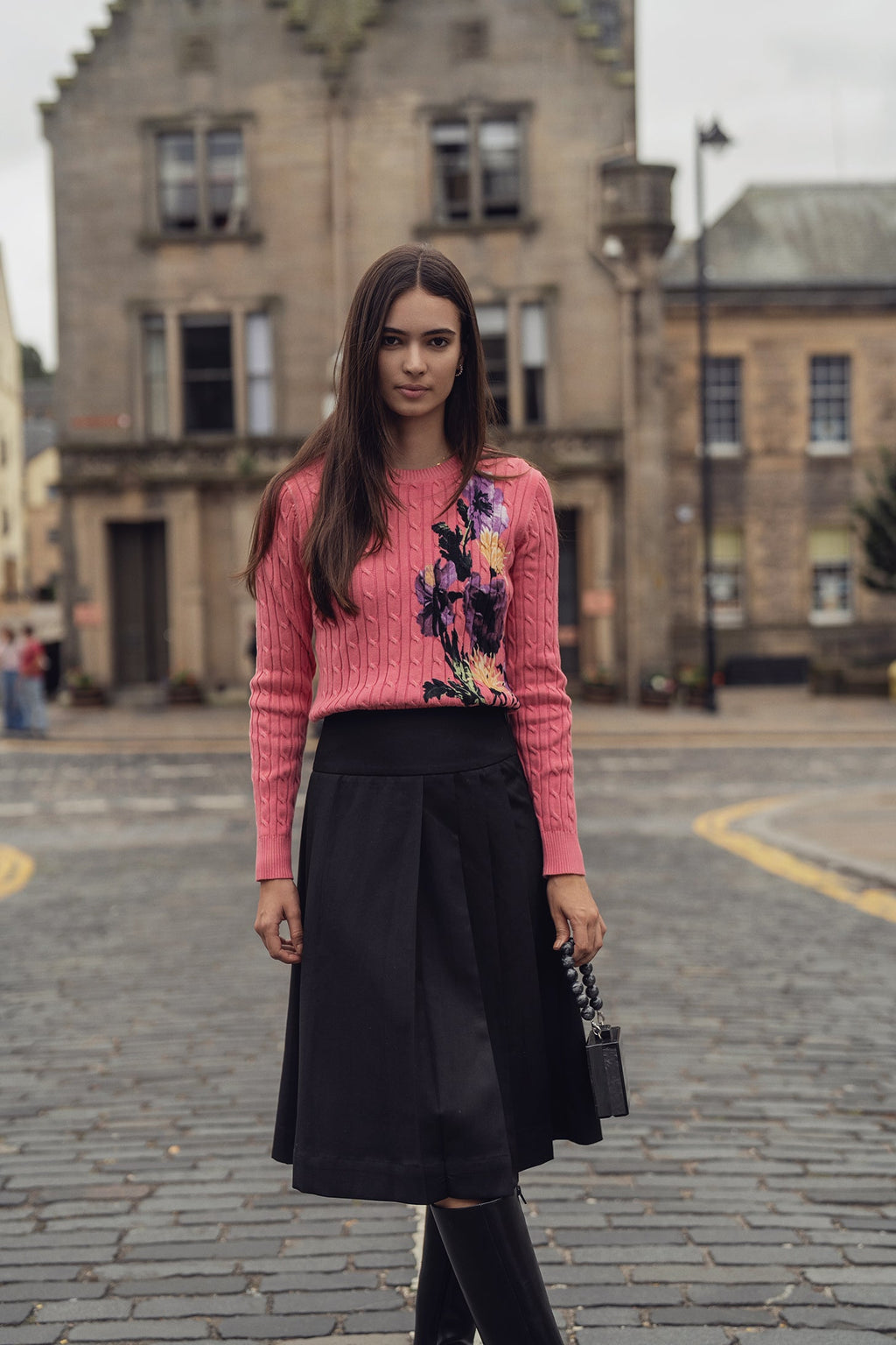 Printed Cable Sweater-Pink Flower