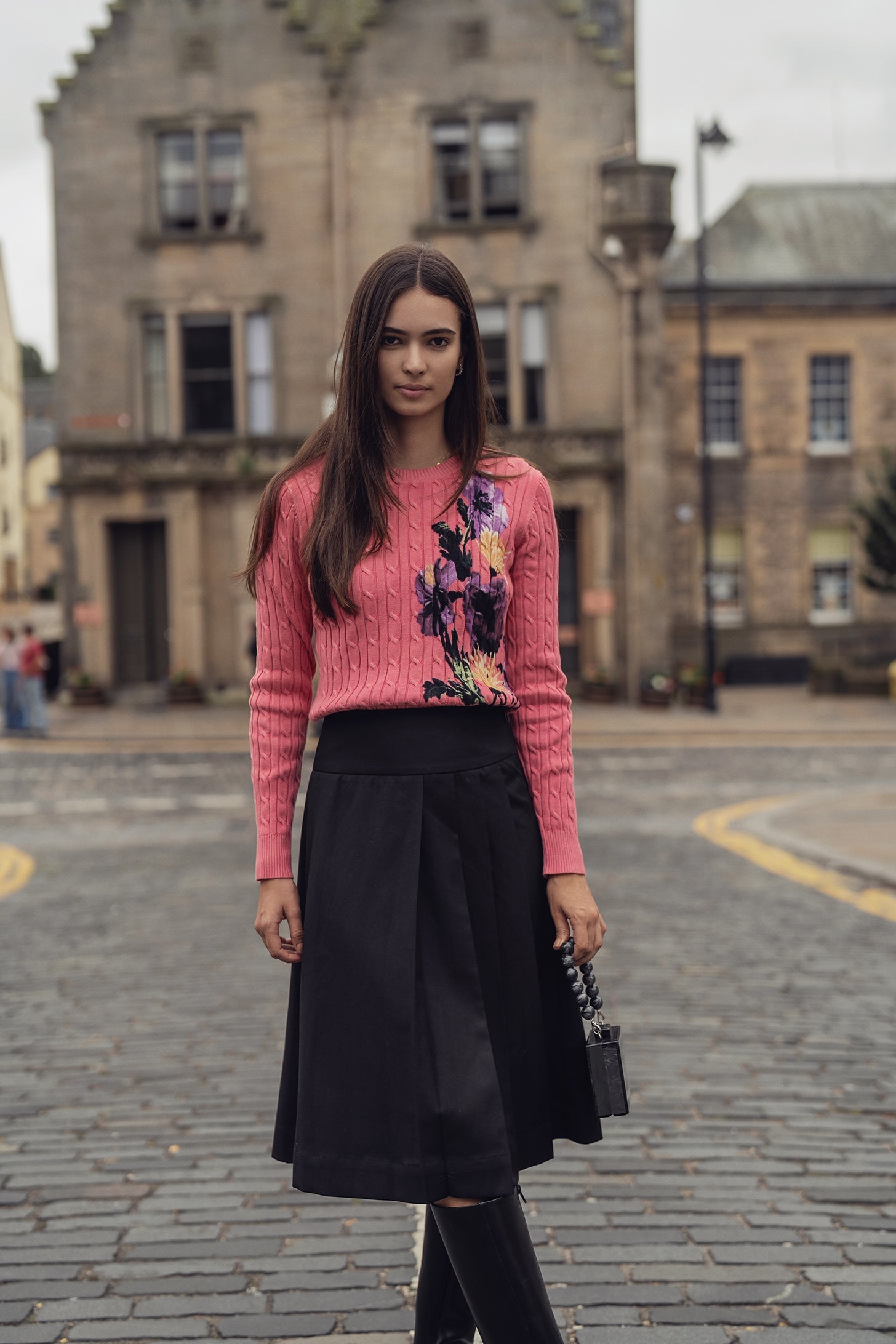 Printed Cable Sweater-Pink Flower