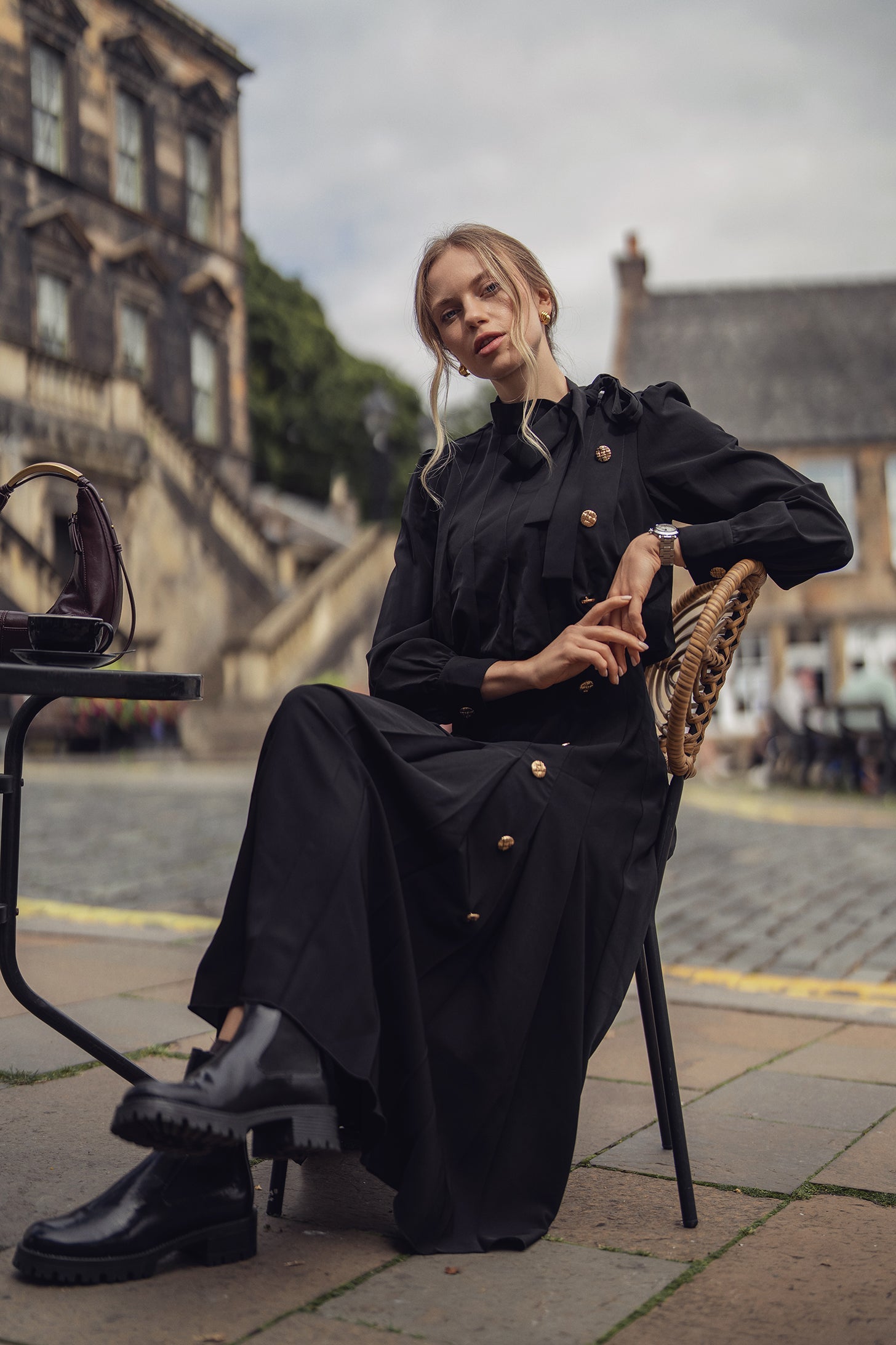 Side Button Pleat Dress-Black