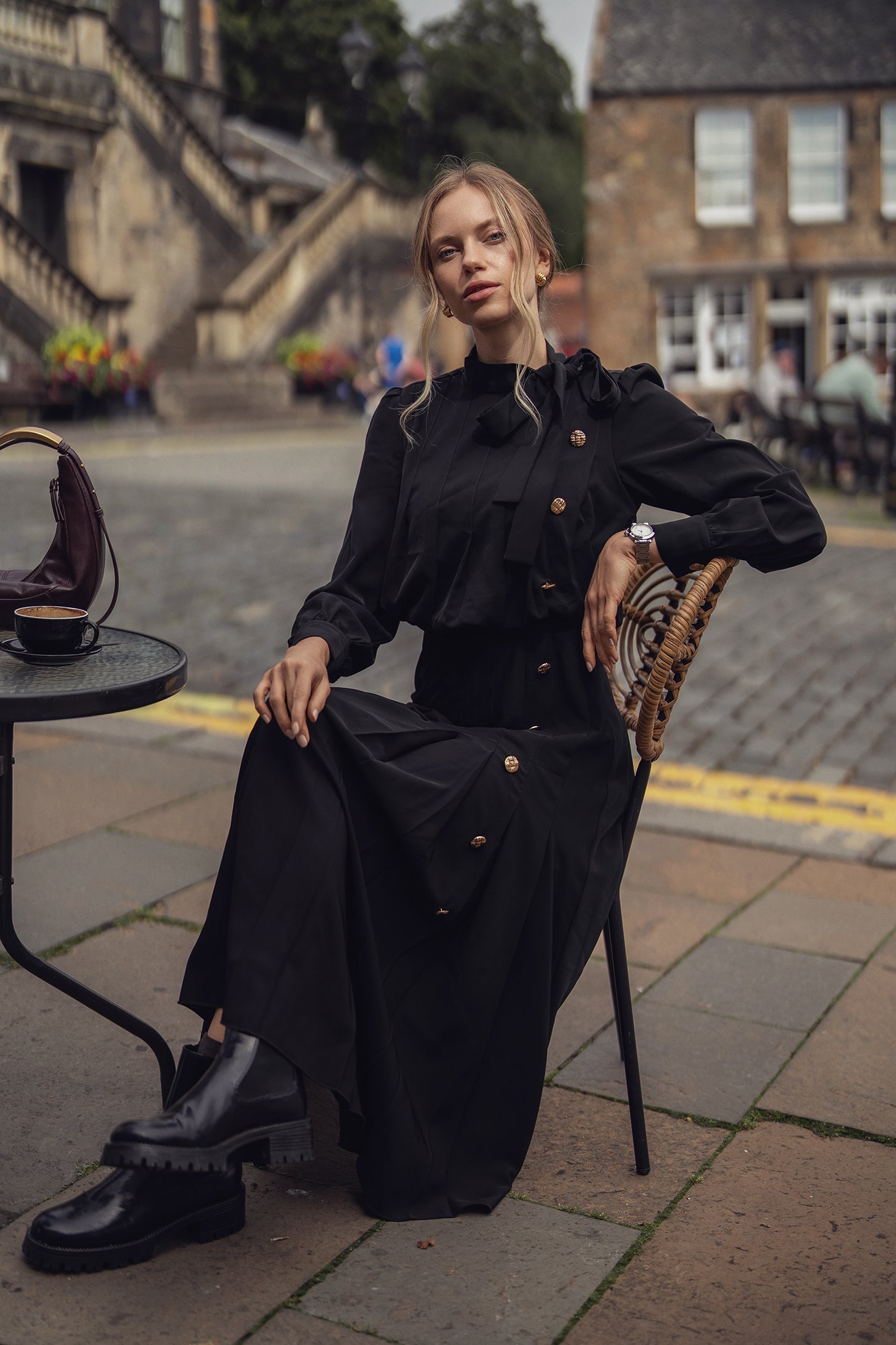 Side Button Pleat Dress-Black